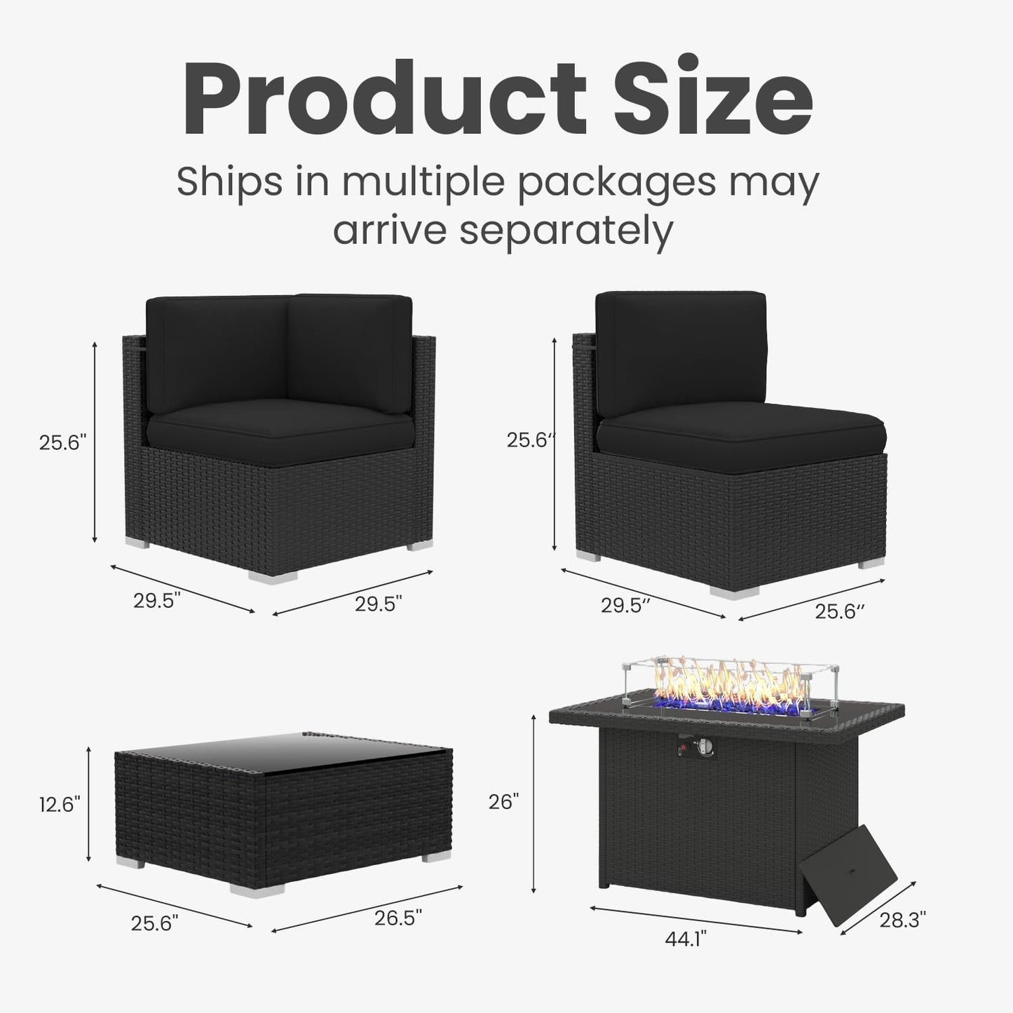 Vakollia 8 Pieces Patio Furniture Set with 44" Propane Gas Fire Pit Table, Outdoor Sectional Wicker Conversation Sofa Sets with Coffee Table