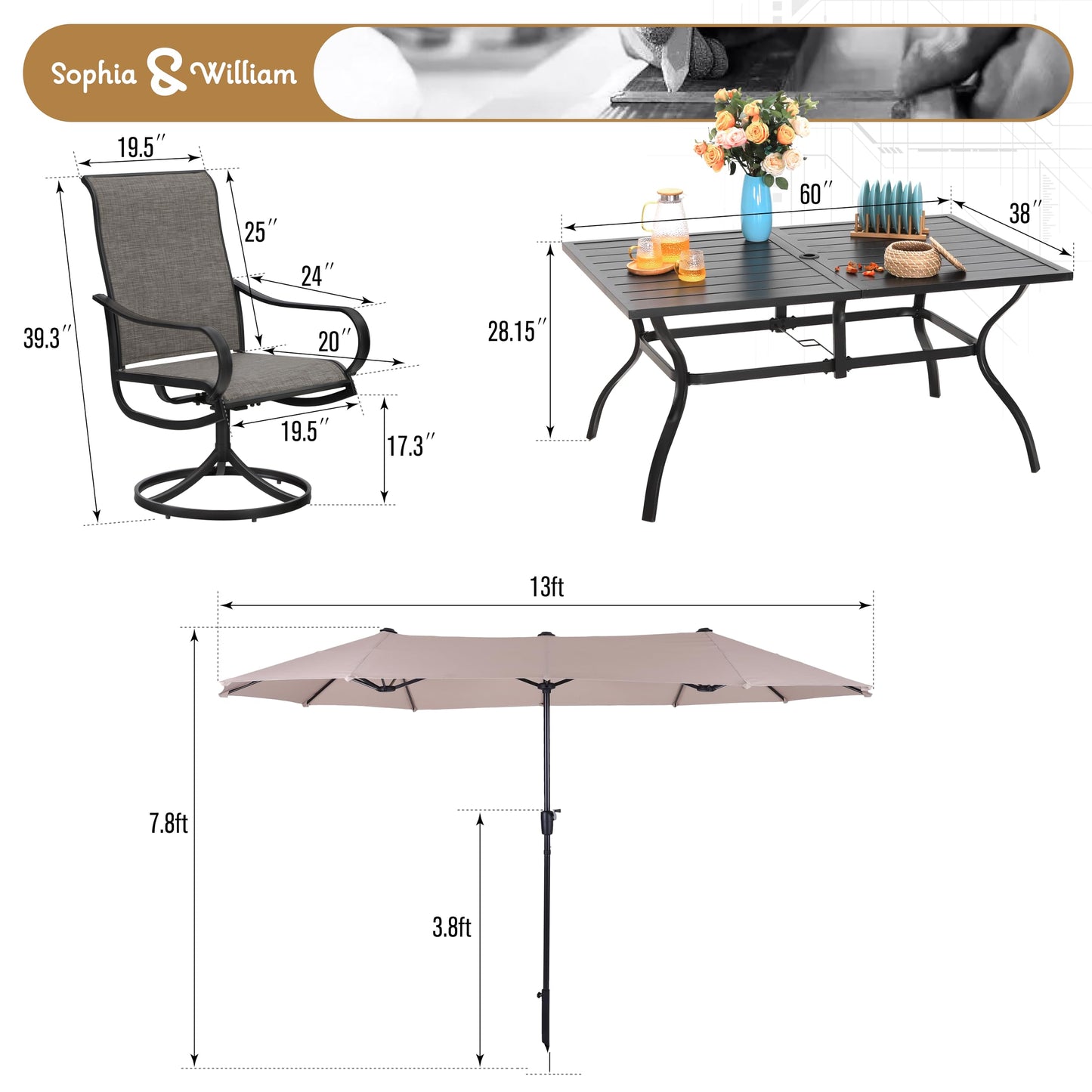Sophia & William Patio Set with Umbrella 8 Pieces Outdoor Dining Set for 6 with 13ft Double-Sided Umbrella Beige, 6 x Swivel Patio Chairs Brown, 1 Metal Table for Lawn Garden (No Umbrella Base)