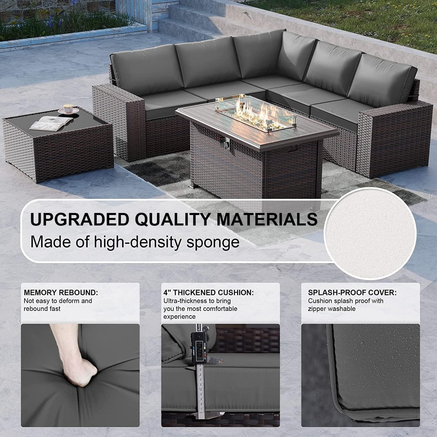 Kullavik 10PCS Outdoor Patio Furniture Set,PE Wicker Rattan Sectional Sofa Patio Conversation Sets with 43" 55000BTU Gas Propane Fire Pit Table,Swivel Rocking Chairs Set,Grey