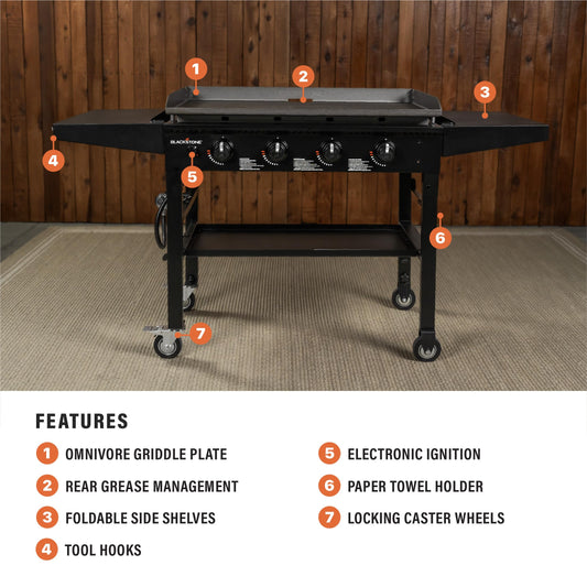 Blackstone 36 Inch 4 Burner 60,000 BTU Portable Steel Griddle Cooking Station with Foldable Legs, Grease Pan, and Storage Rack, Black