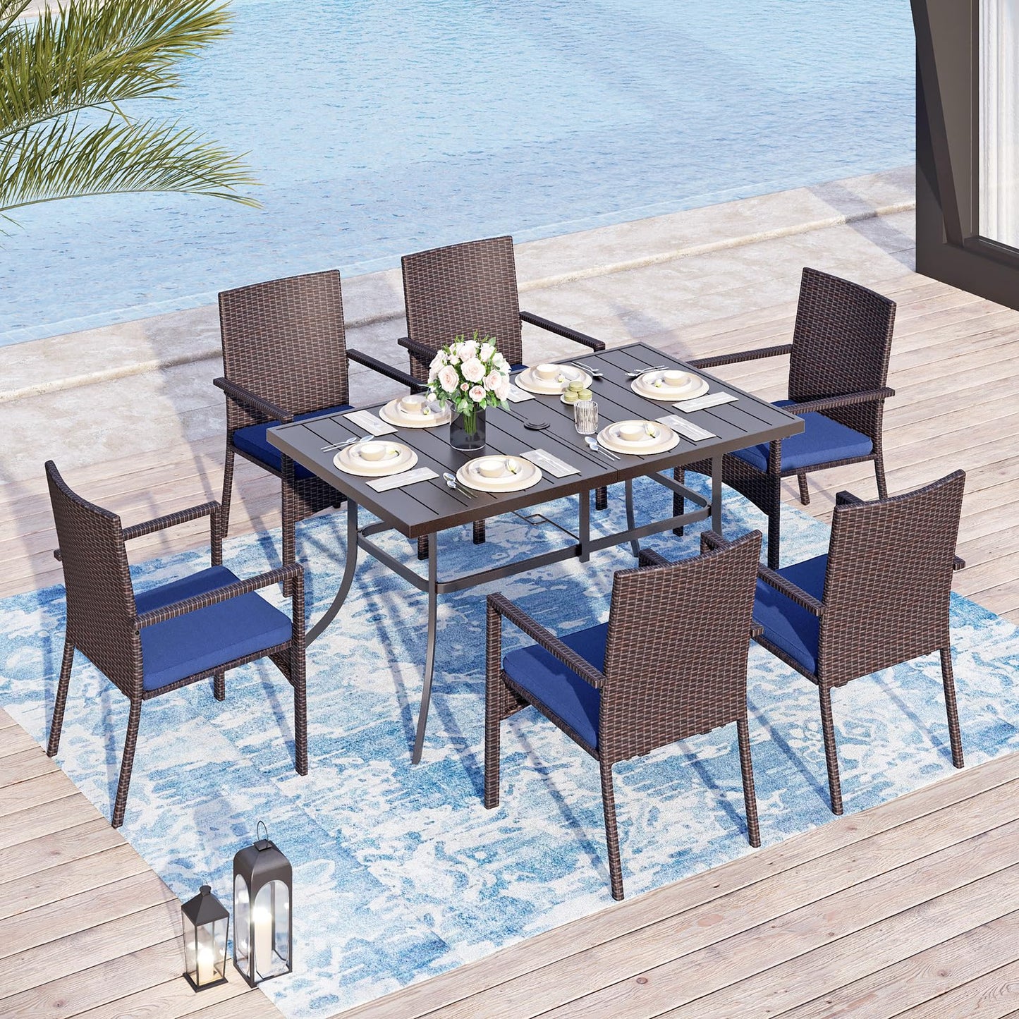 Sophia & William 7pc Patio Dining Set with Navy Umbrella, 6 Rattan Chairs