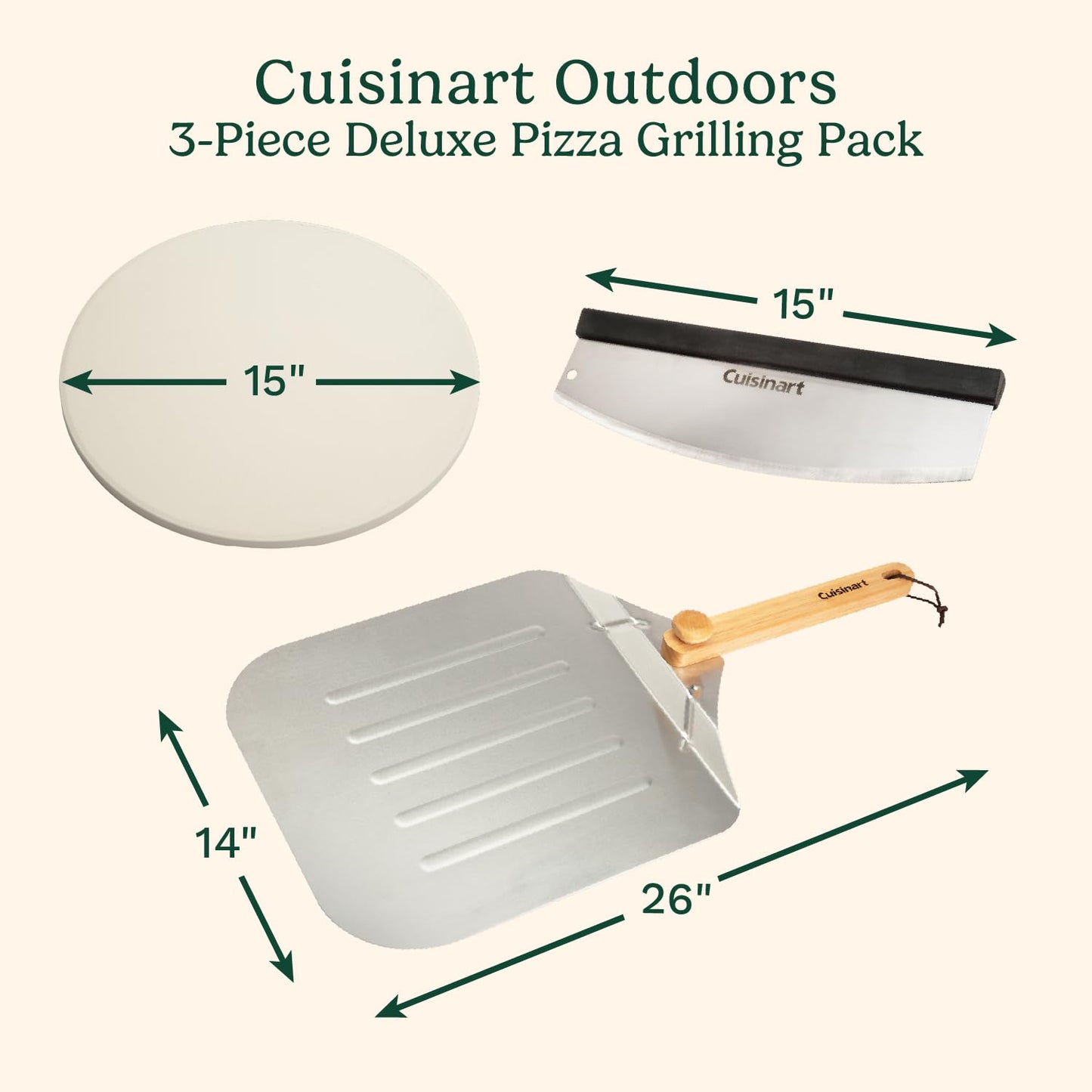 Cuisinart 3 Piece Deluxe Pizza Grilling Pack, 14” Round Pizza Stone for Oven and Grill, Includes Cutter and Foldable Stainless Steel Peel, Complete Set to Build Your Own Pizzas at Home