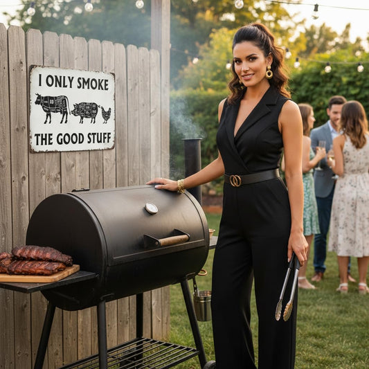 Vintage BBQ Tin Sign – “I Only Smoke The Good Stuff” Funny BBQ Decor, Butcher Cuts Cow Pig Chicken Metal Sign for Kitchen, Patio, Grill Area, BBQ Decorations, BBQ Signs for Outside 8x12 Inch
