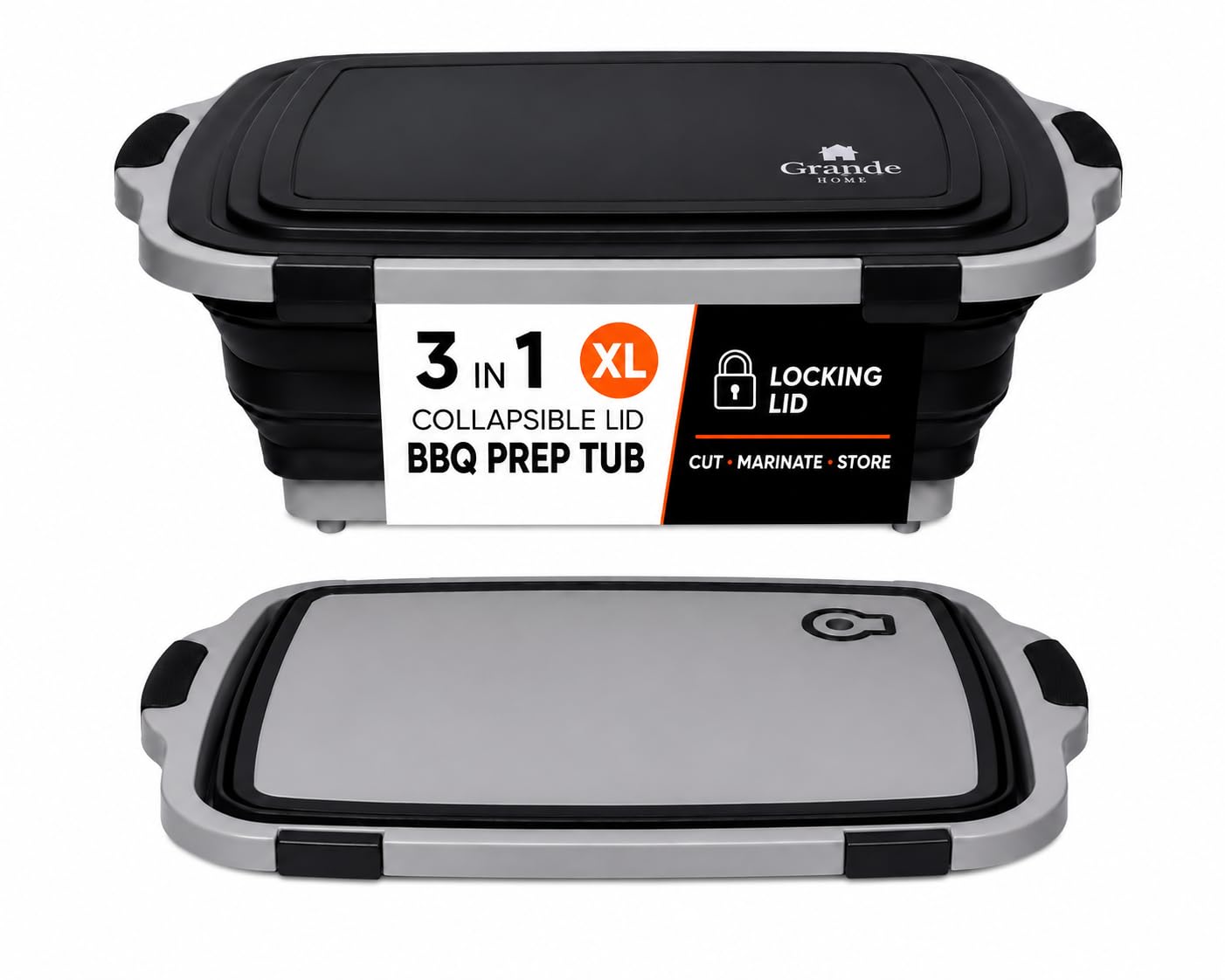 Collapsible BBQ Prep Tub with Lid and Cutting Board, XL Grilling Container