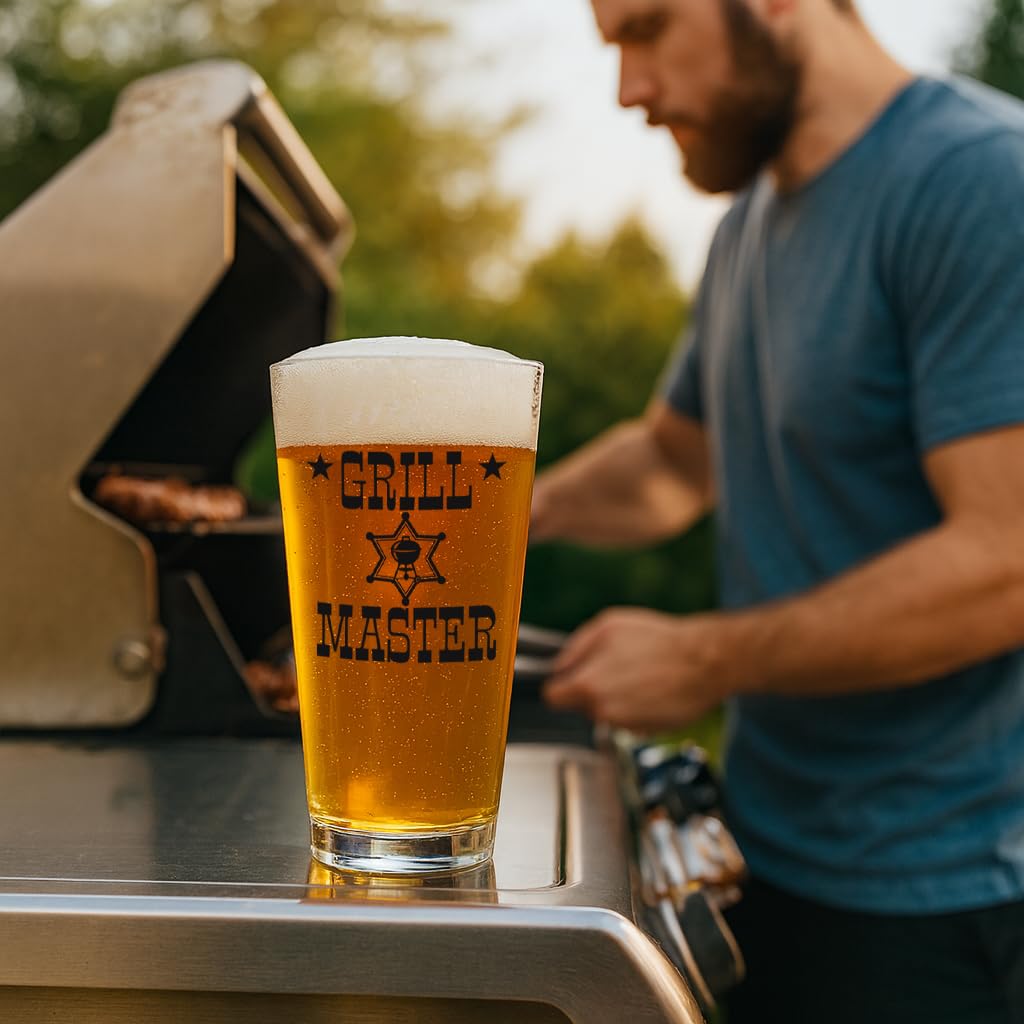"Grill Master" 16oz Beer Pint Glass, Funny Dad Gift for Father's Day