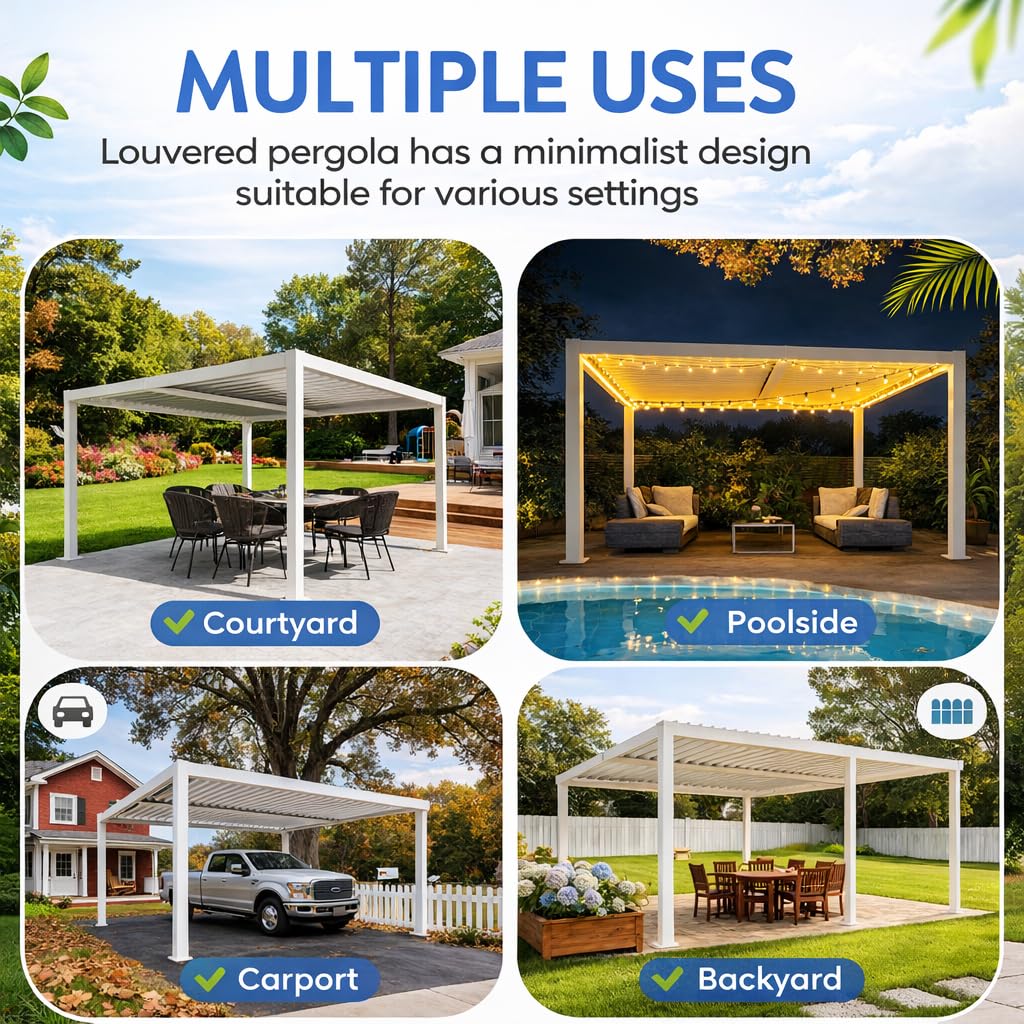 Kozyard Outdoor Louvered Pergola 12' x 12' Sun Shade Aluminum Patio Shelter