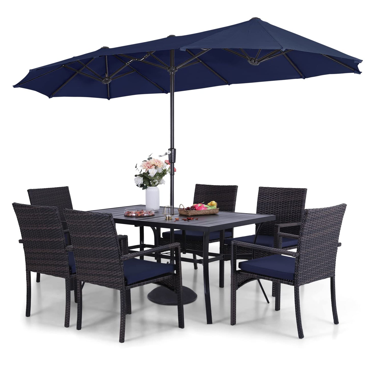 Sophia & William 7pc Patio Dining Set with Navy Umbrella, 6 Rattan Chairs