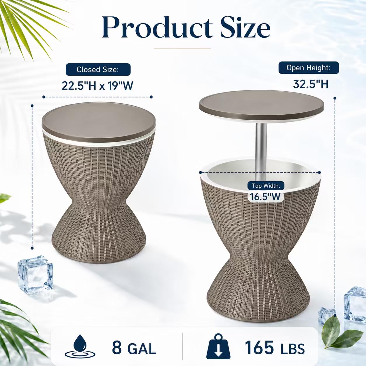 LDAILY Outdoor Cooler Table, Patio Cooler Table with 8 Gallon Capacity, Adjustable Height, Rattan Style Patio, Drain Plug, Cooler Side Table Outdoor for Poolside, Deck, BBQ & Parties(Light Brown)