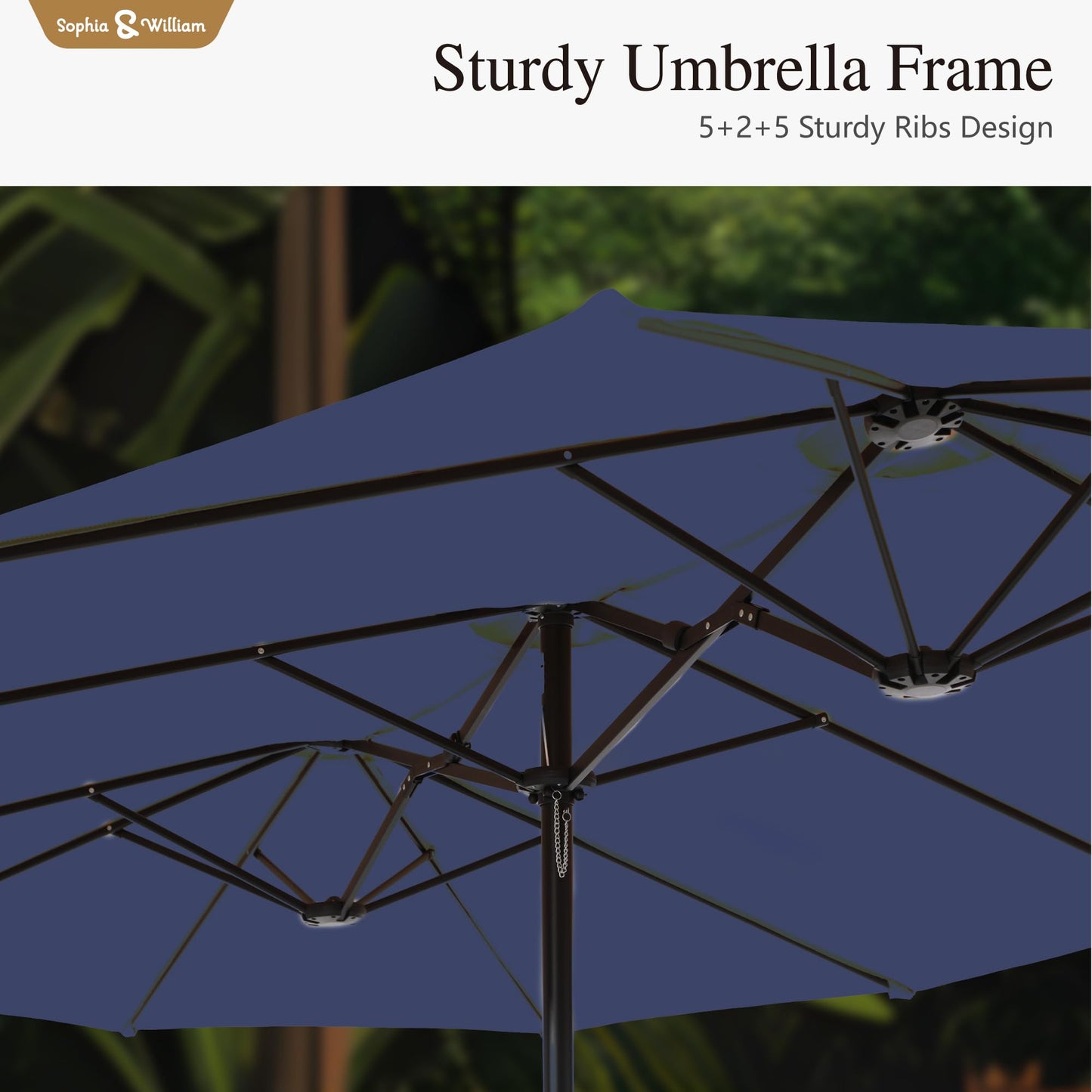 Sophia & William 7pc Patio Dining Set with Navy Umbrella, 6 Rattan Chairs
