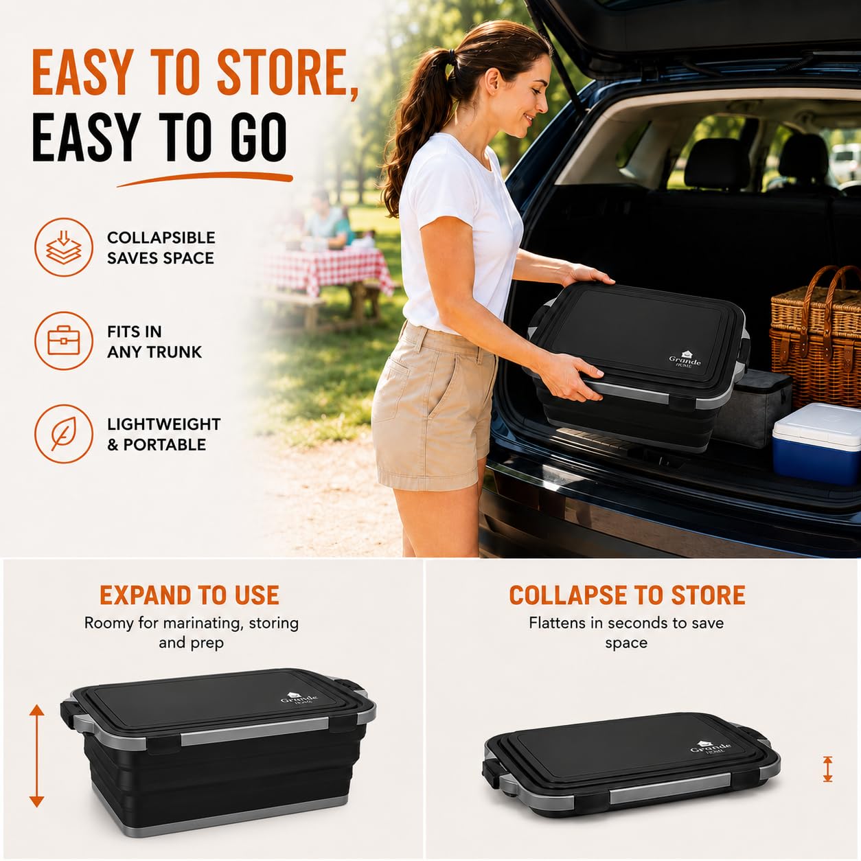 Collapsible BBQ Prep Tub with Lid and Cutting Board, XL Grilling Container