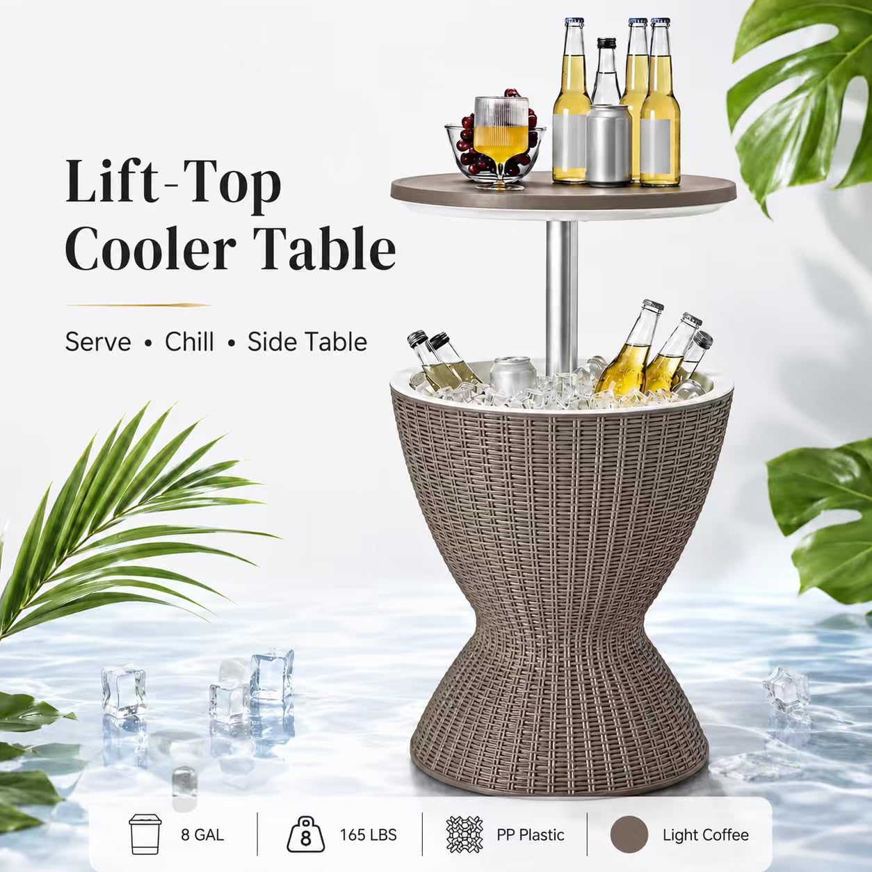 LDAILY Outdoor Cooler Table, Patio Cooler Table with 8 Gallon Capacity, Adjustable Height, Rattan Style Patio, Drain Plug, Cooler Side Table Outdoor for Poolside, Deck, BBQ & Parties(Light Brown)