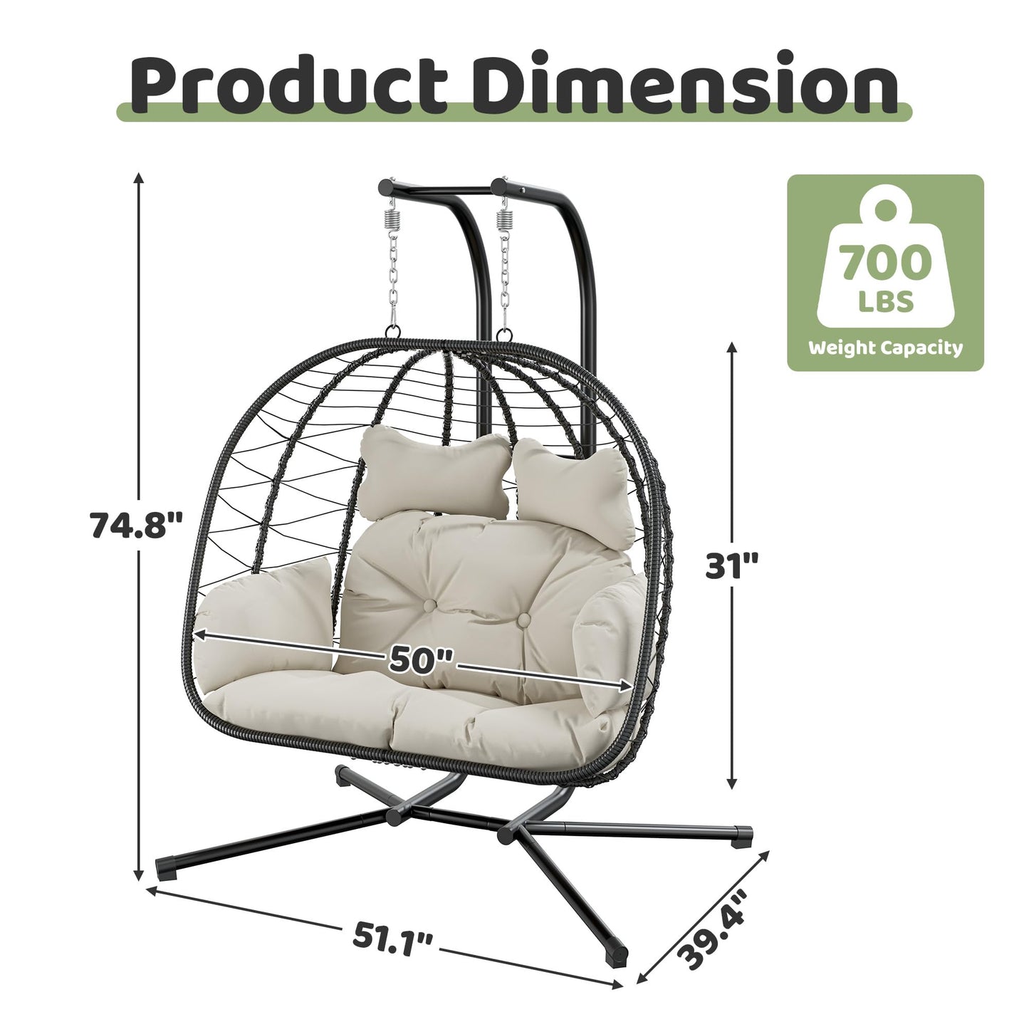 Bifanuo Double Hanging Egg Chair with Stand, Outdoor Indoor Swing Chair with Removable Cushion for 2 Person, Heavy Duty 700LBS Capacity for Patio, Bedroom, Garden (Black-Beige)