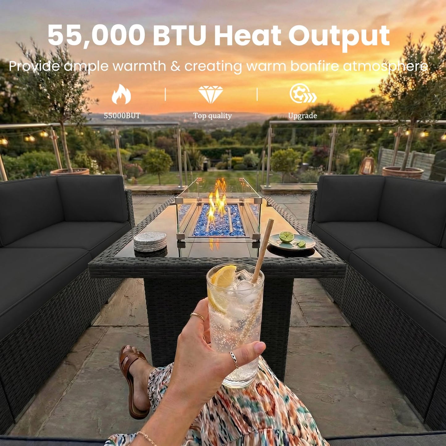 Vakollia 8 Pieces Patio Furniture Set with 44" Propane Gas Fire Pit Table, Outdoor Sectional Wicker Conversation Sofa Sets with Coffee Table
