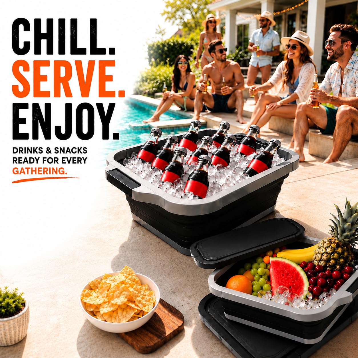 Collapsible BBQ Prep Tub with Lid and Cutting Board, XL Grilling Container