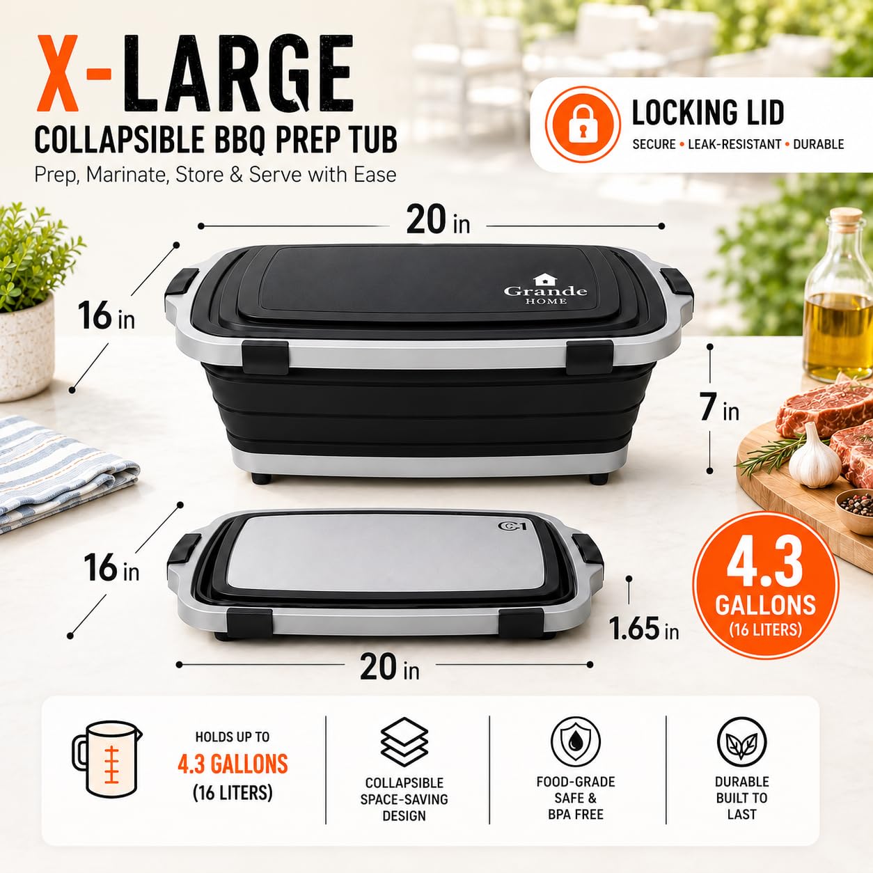 Collapsible BBQ Prep Tub with Lid and Cutting Board, XL Grilling Container