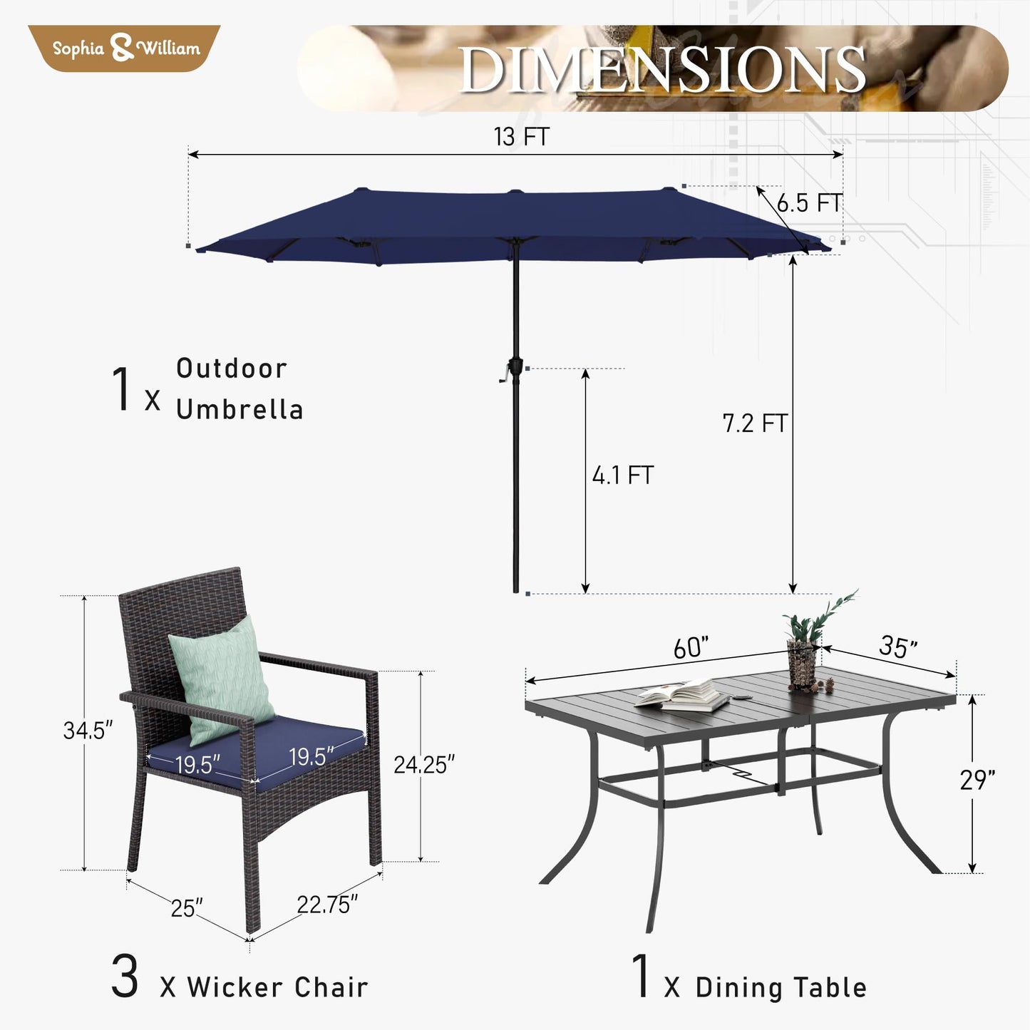 Sophia & William 7pc Patio Dining Set with Navy Umbrella, 6 Rattan Chairs