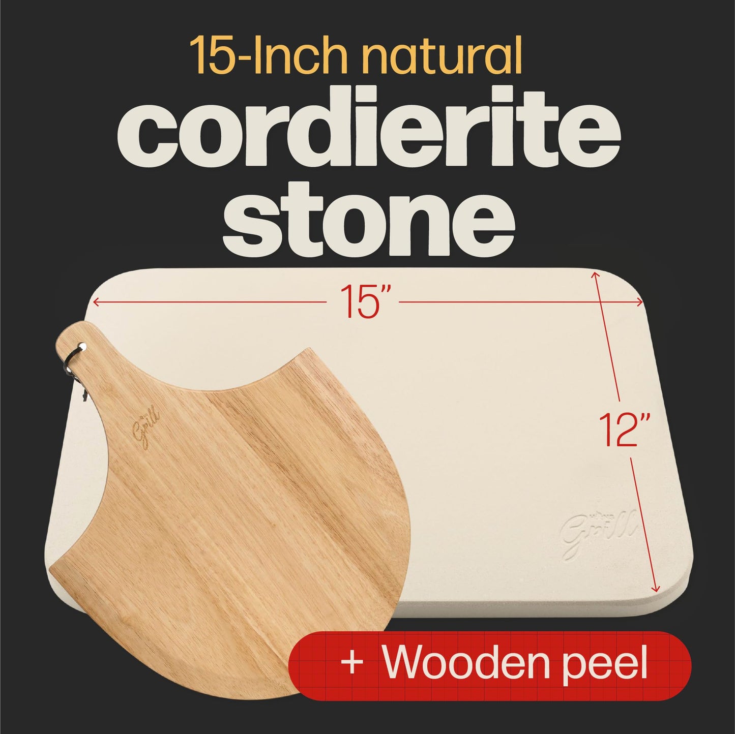 Hans Grill Rectangular Pizza Stone, 15 x 12 Inch Cordierite Stone with Peel