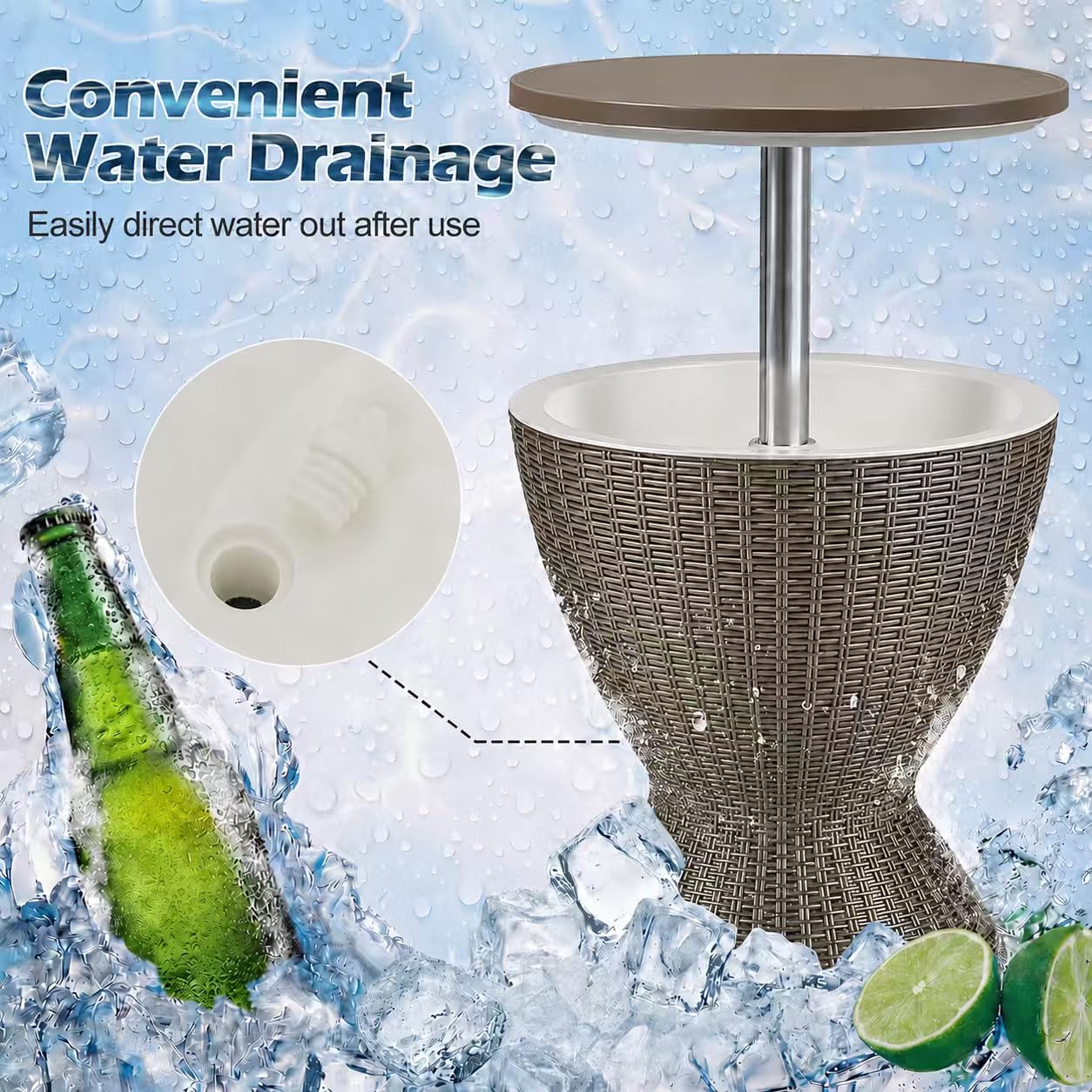 LDAILY Outdoor Cooler Table, Patio Cooler Table with 8 Gallon Capacity, Adjustable Height, Rattan Style Patio, Drain Plug, Cooler Side Table Outdoor for Poolside, Deck, BBQ & Parties(Light Brown)