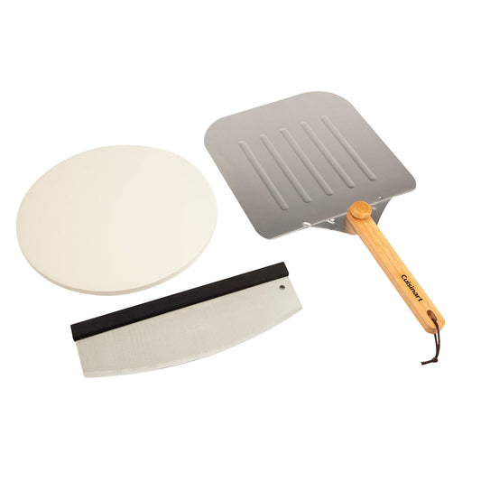 Cuisinart 3 Piece Deluxe Pizza Grilling Pack, 14” Round Pizza Stone for Oven and Grill, Includes Cutter and Foldable Stainless Steel Peel, Complete Set to Build Your Own Pizzas at Home