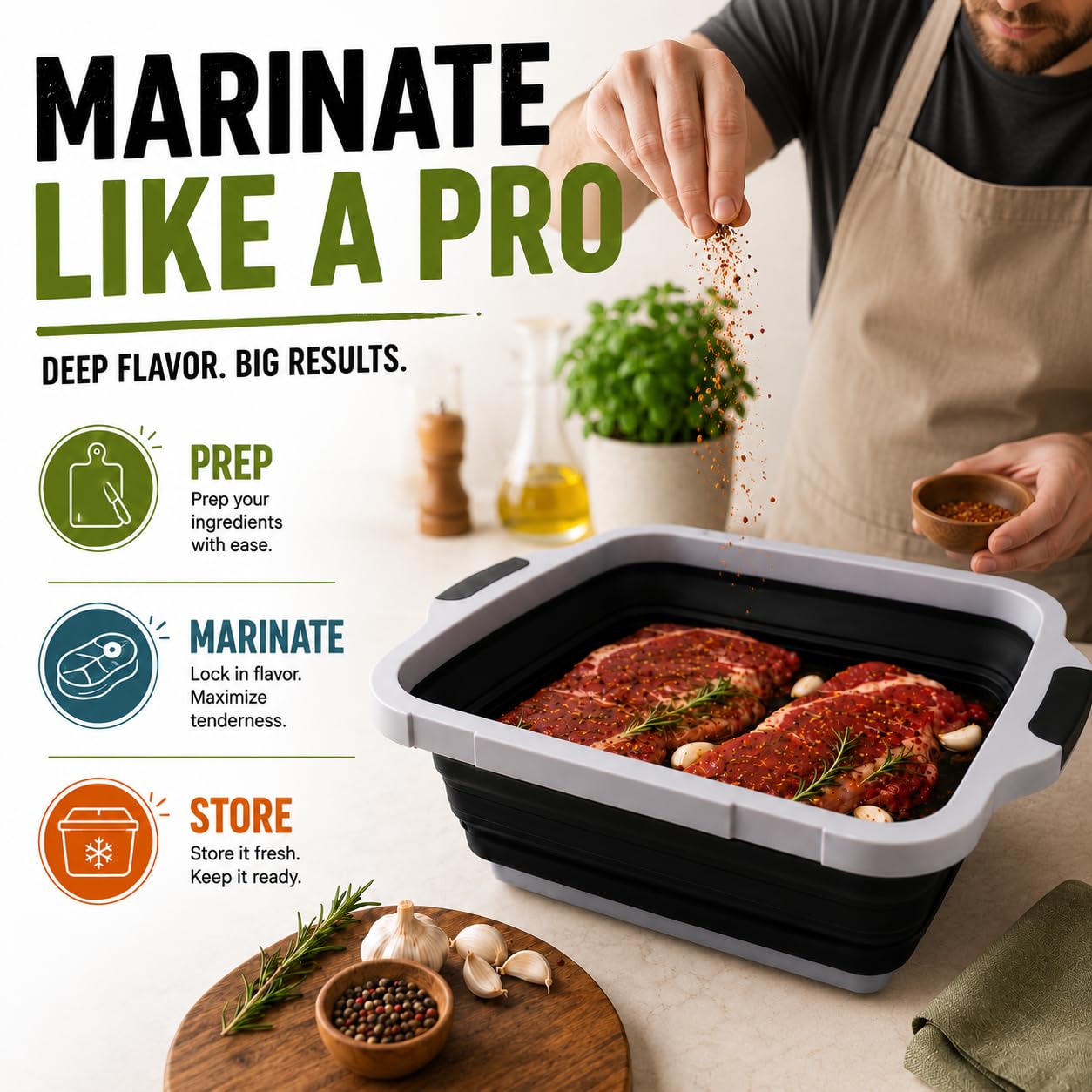 Collapsible BBQ Prep Tub with Lid and Cutting Board, XL Grilling Container