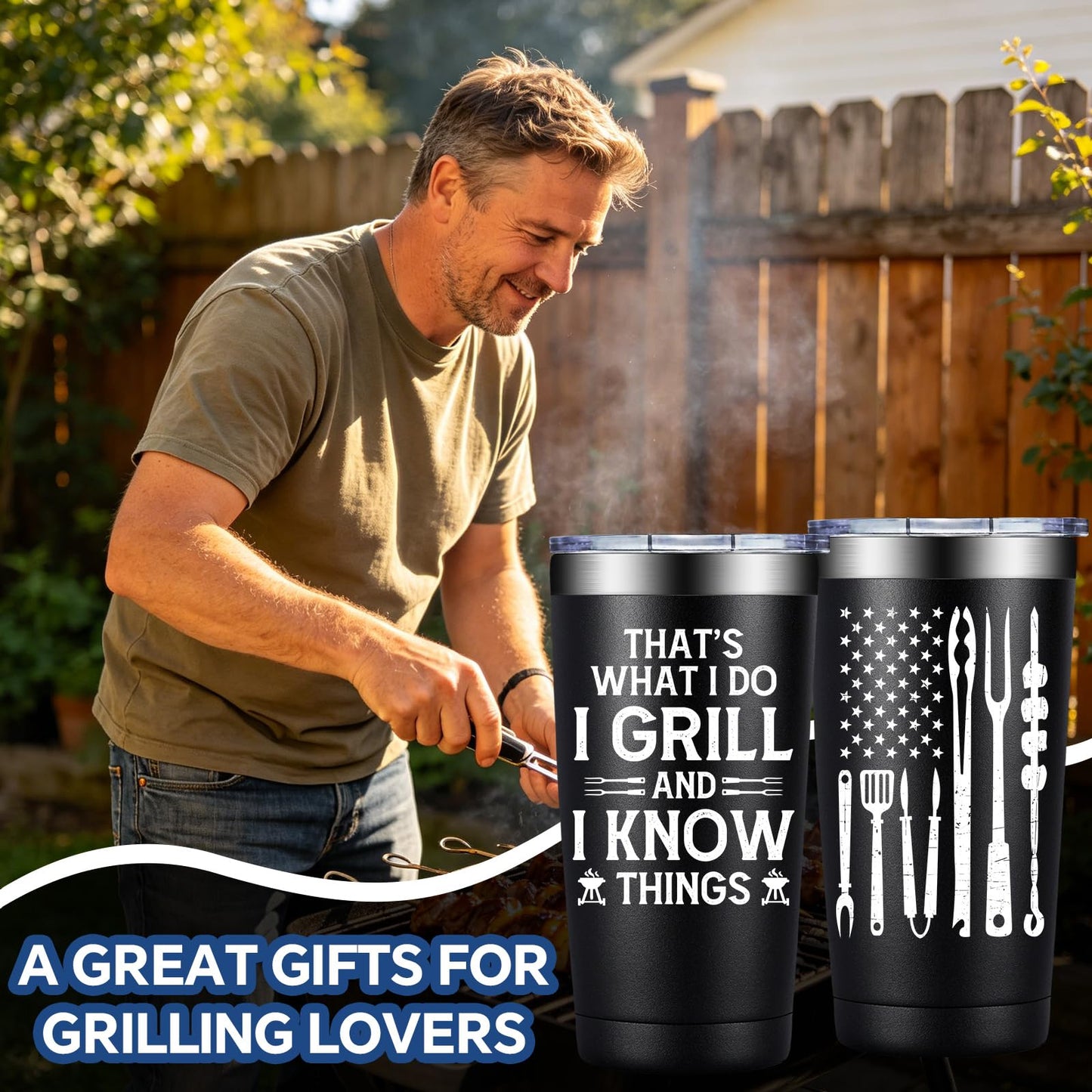 BIRGILT Grilling Gifts for Men - Christmas Birthday Gifts for Grilling Men - That's What I Do I Grill and I Know Things - 20oz Tumbler Cup