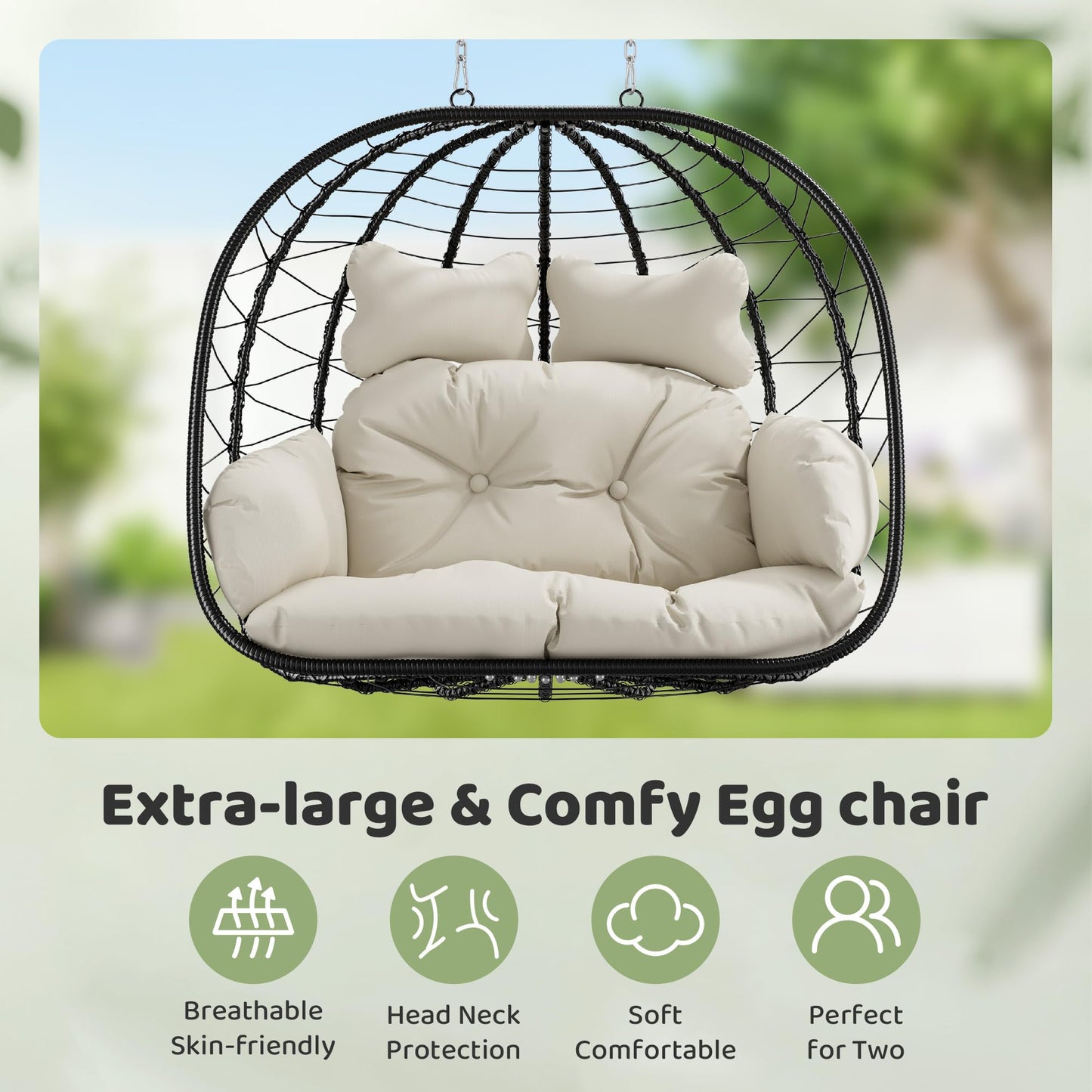 Bifanuo Double Hanging Egg Chair with Stand, Outdoor Indoor Swing Chair with Removable Cushion for 2 Person, Heavy Duty 700LBS Capacity for Patio, Bedroom, Garden (Black-Beige)