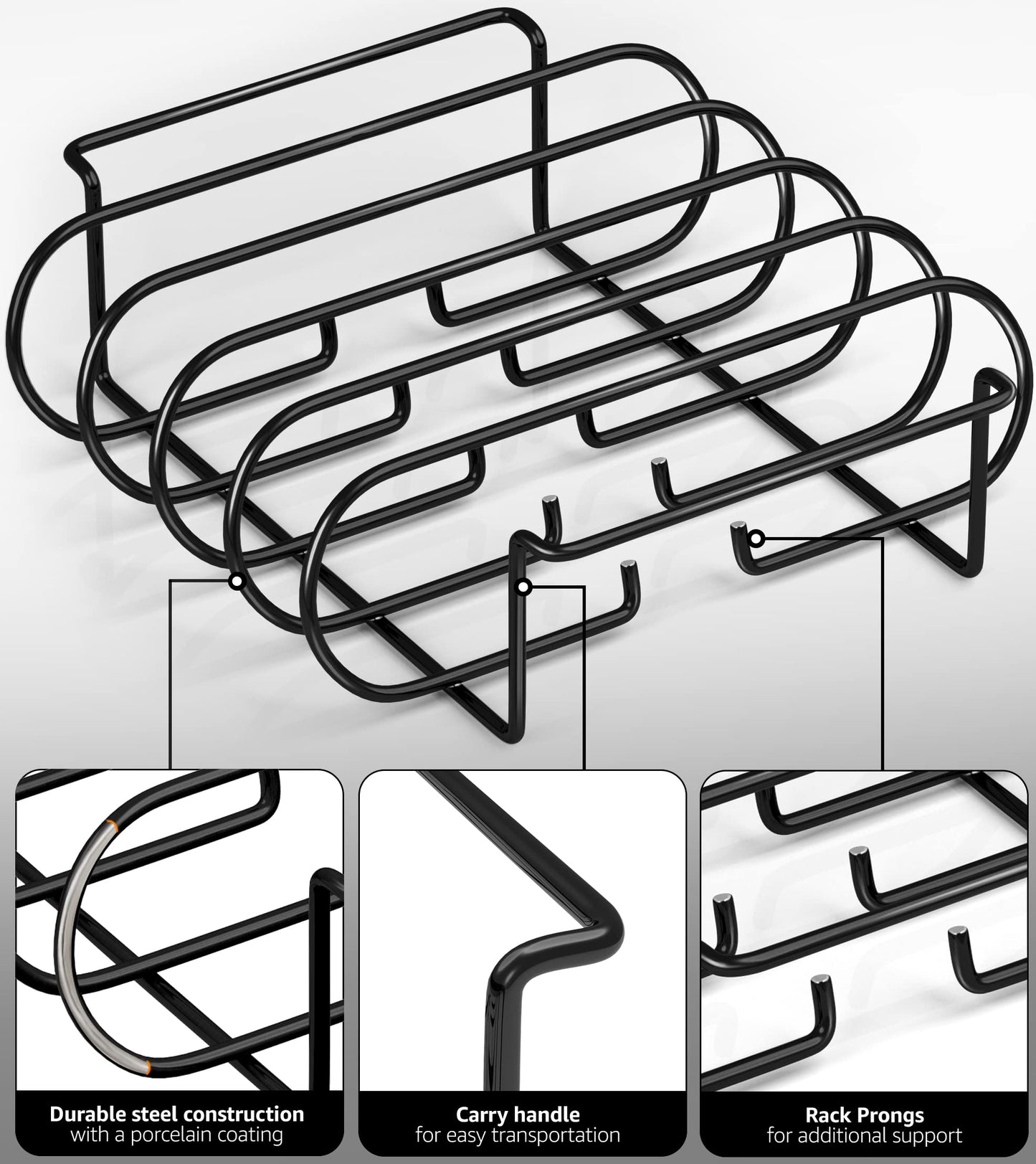Sorbus® Non-Stick Rib Rack - Porcelain Coated Steel Roasting Stand – Holds 4 Rib Racks for Grilling & Barbecuing - Perfect BBQ Accessories for Smoker and Grill - Durable and Convenient Design (Black)