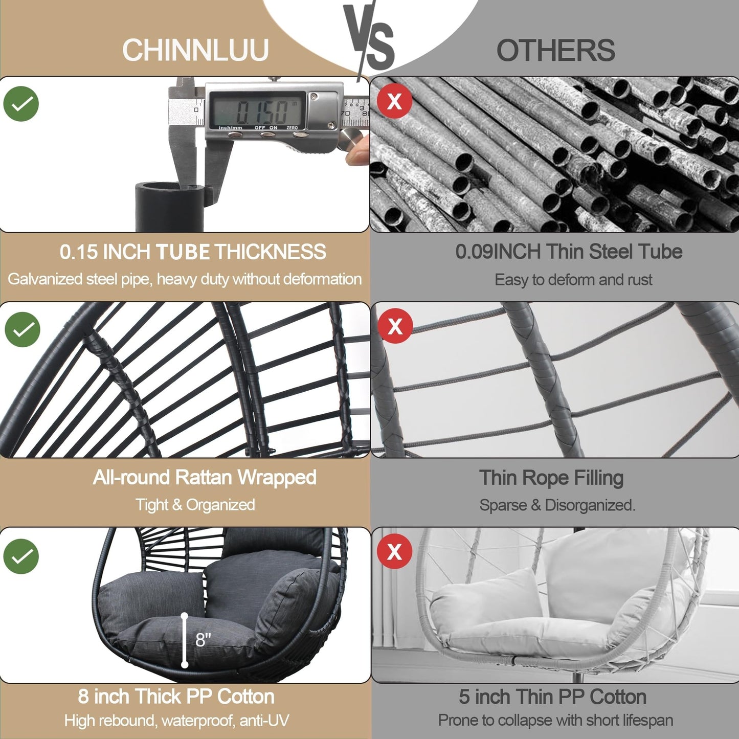 CHINNLUU Oversized Hanging Egg Chair with Stand Outdoor Wicker Swing Chair Comfy Hammock Egg Shaped Chair 400lbs Capacity for Patio, Garden and Balcony