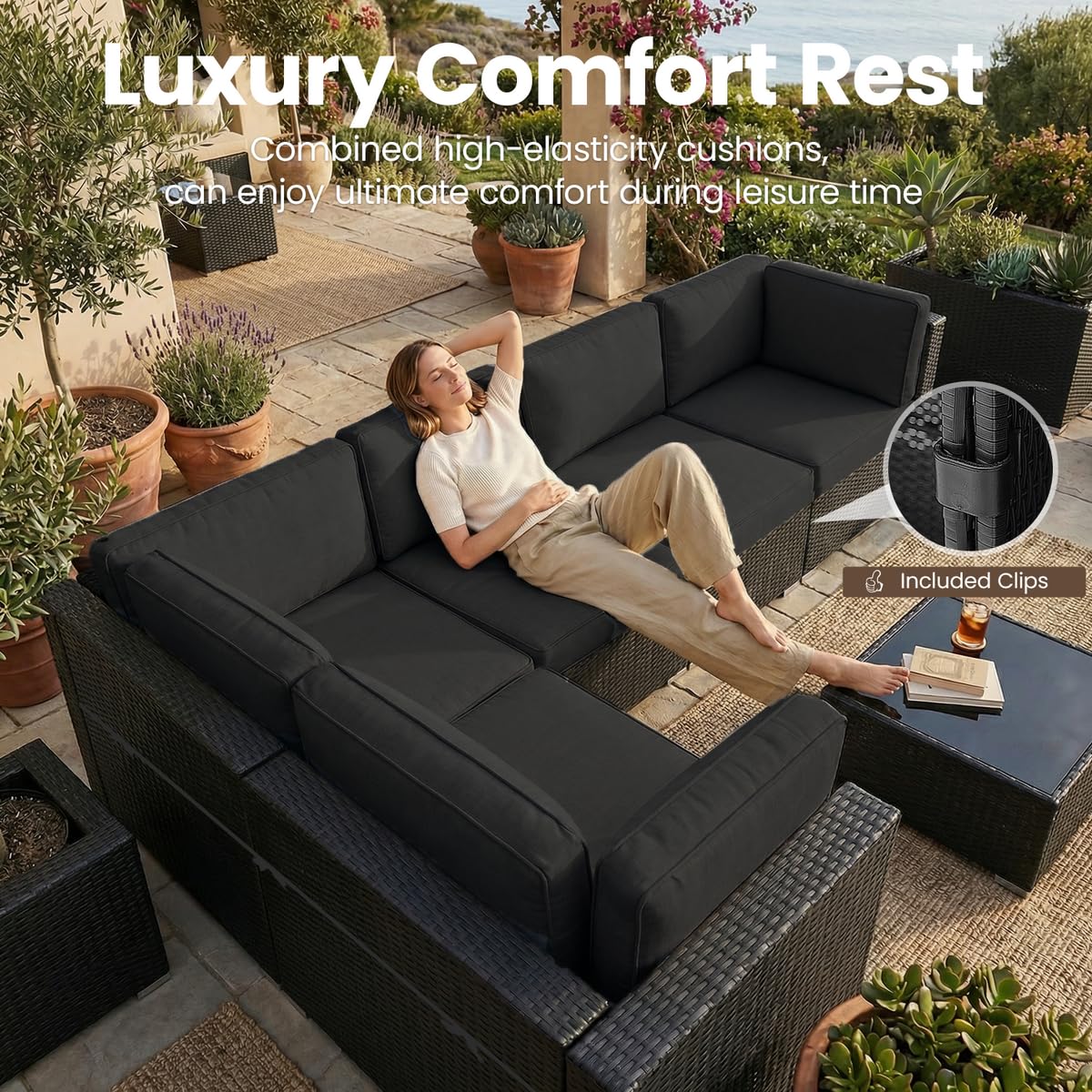 Vakollia 8 Pieces Patio Furniture Set with 44" Propane Gas Fire Pit Table, Outdoor Sectional Wicker Conversation Sofa Sets with Coffee Table