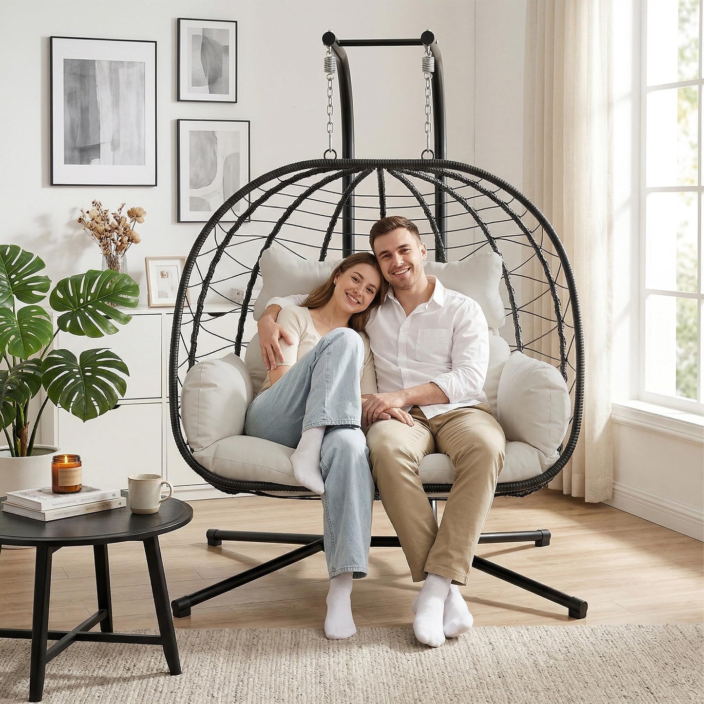 Bifanuo Double Hanging Egg Chair with Stand, Outdoor Indoor Swing Chair with Removable Cushion for 2 Person, Heavy Duty 700LBS Capacity for Patio, Bedroom, Garden (Black-Beige)