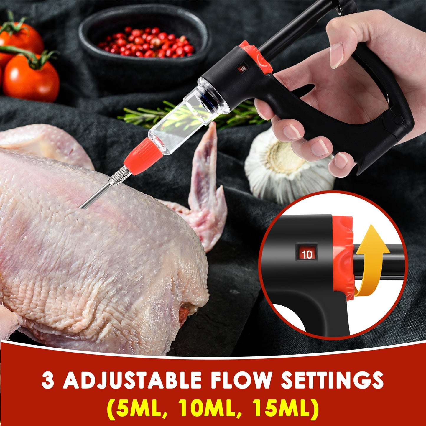 Marinade Injector Syringe with 3 Flow Settings & 4 Needles
