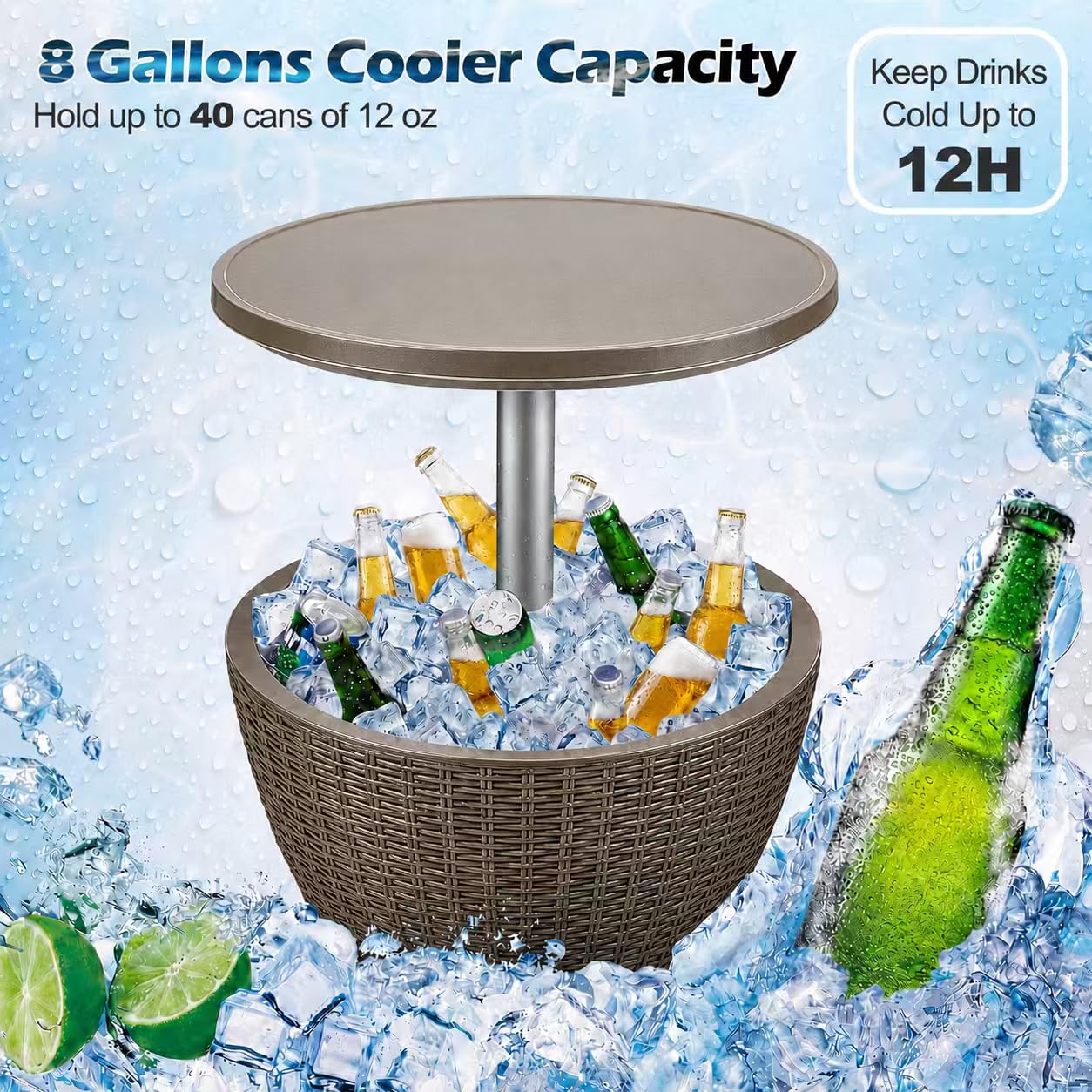 LDAILY Outdoor Cooler Table, Patio Cooler Table with 8 Gallon Capacity, Adjustable Height, Rattan Style Patio, Drain Plug, Cooler Side Table Outdoor for Poolside, Deck, BBQ & Parties(Light Brown)