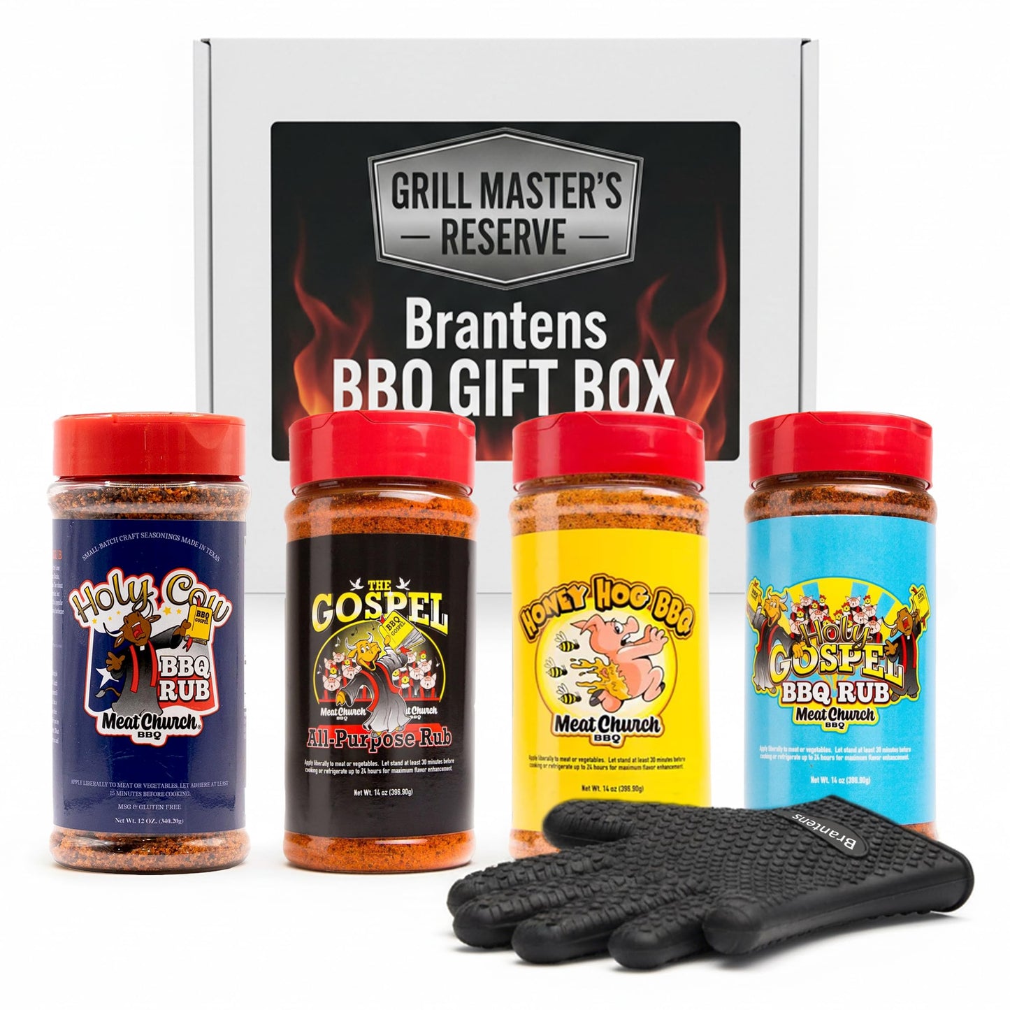 Branten's BBQ Rub Gift Box Combo: Four Bottles of Seasoning for Meat and Vegetables, Gluten Free, Total of 49.5 Ounces, with BBQ Silicone Mitt Included