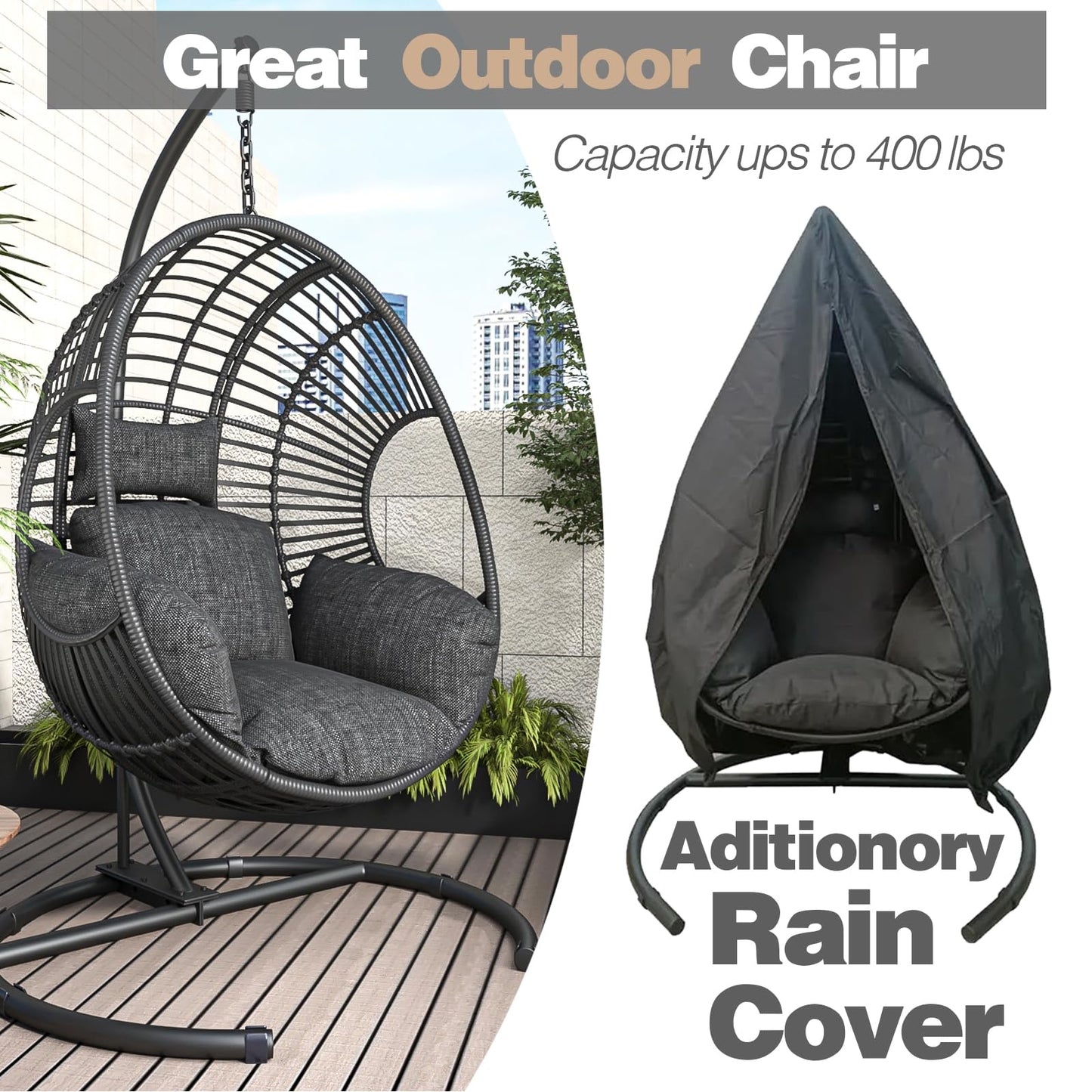 CHINNLUU Oversized Hanging Egg Chair with Stand Outdoor Wicker Swing Chair Comfy Hammock Egg Shaped Chair 400lbs Capacity for Patio, Garden and Balcony