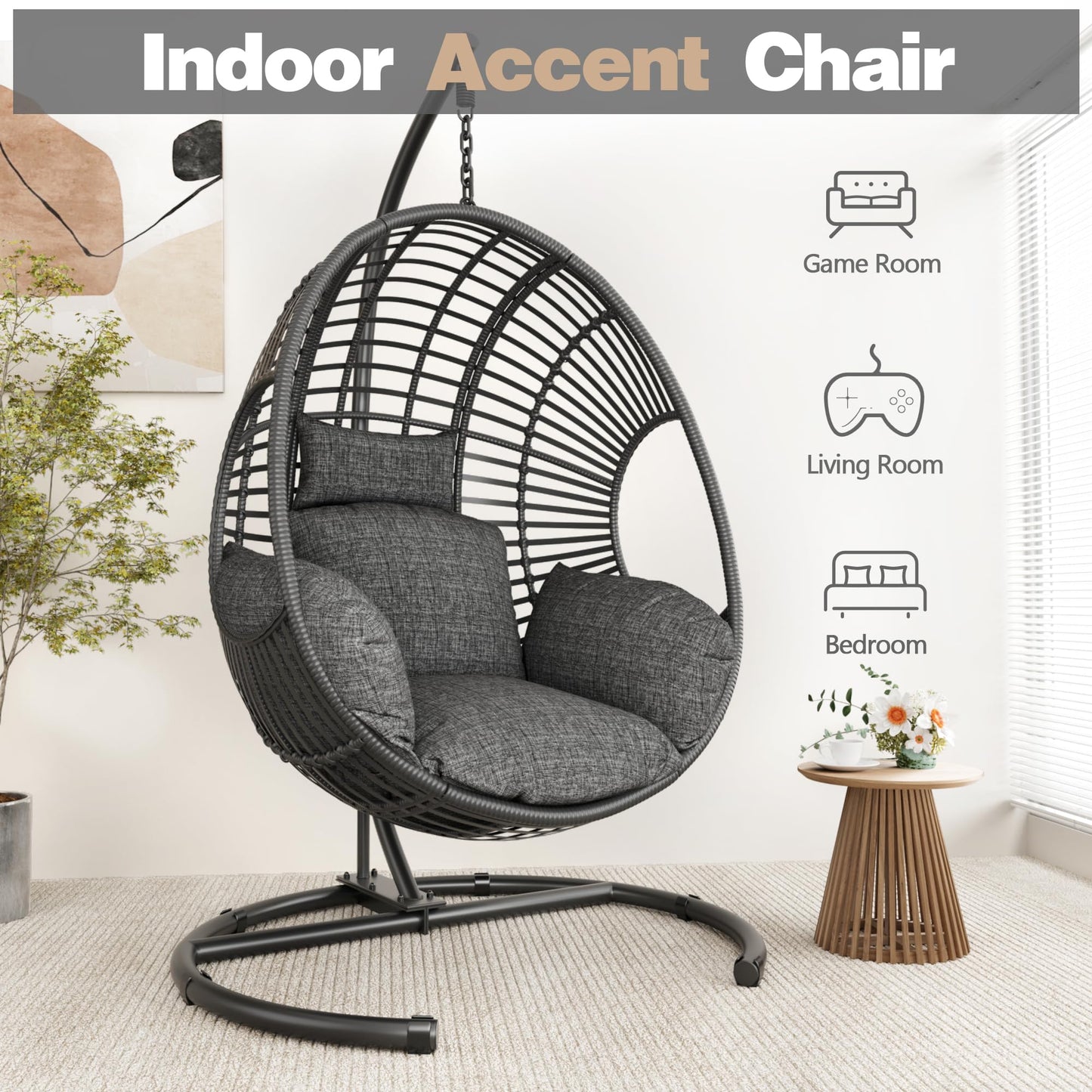 CHINNLUU Oversized Hanging Egg Chair with Stand Outdoor Wicker Swing Chair Comfy Hammock Egg Shaped Chair 400lbs Capacity for Patio, Garden and Balcony