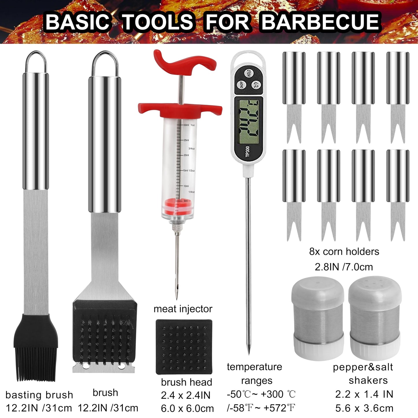 grilljoy 24PCS BBQ Grill Tools Set with Meat Thermometer and Injector - Extra Thick Stainless Steel Fork, Spatula& Tongs - Complete BBQ Accessories in - Perfect Grill Gifts for Father's Day