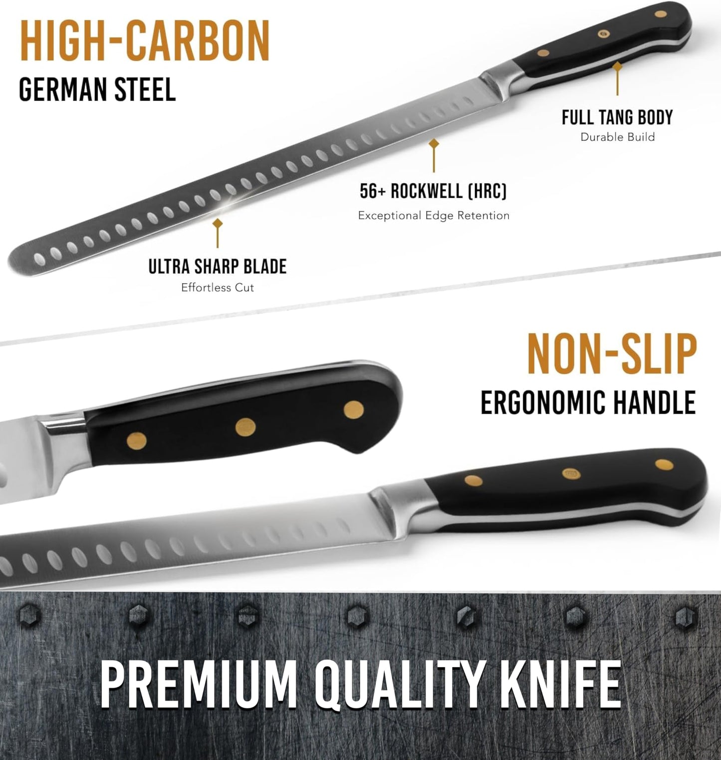 Bright Hobby Brisket Slicing Knife – 12" Brisket Knife, BBQ, Grilling Gifts For Men – Razor Sharp German Steel, Full Tang, Ergonomic Handle