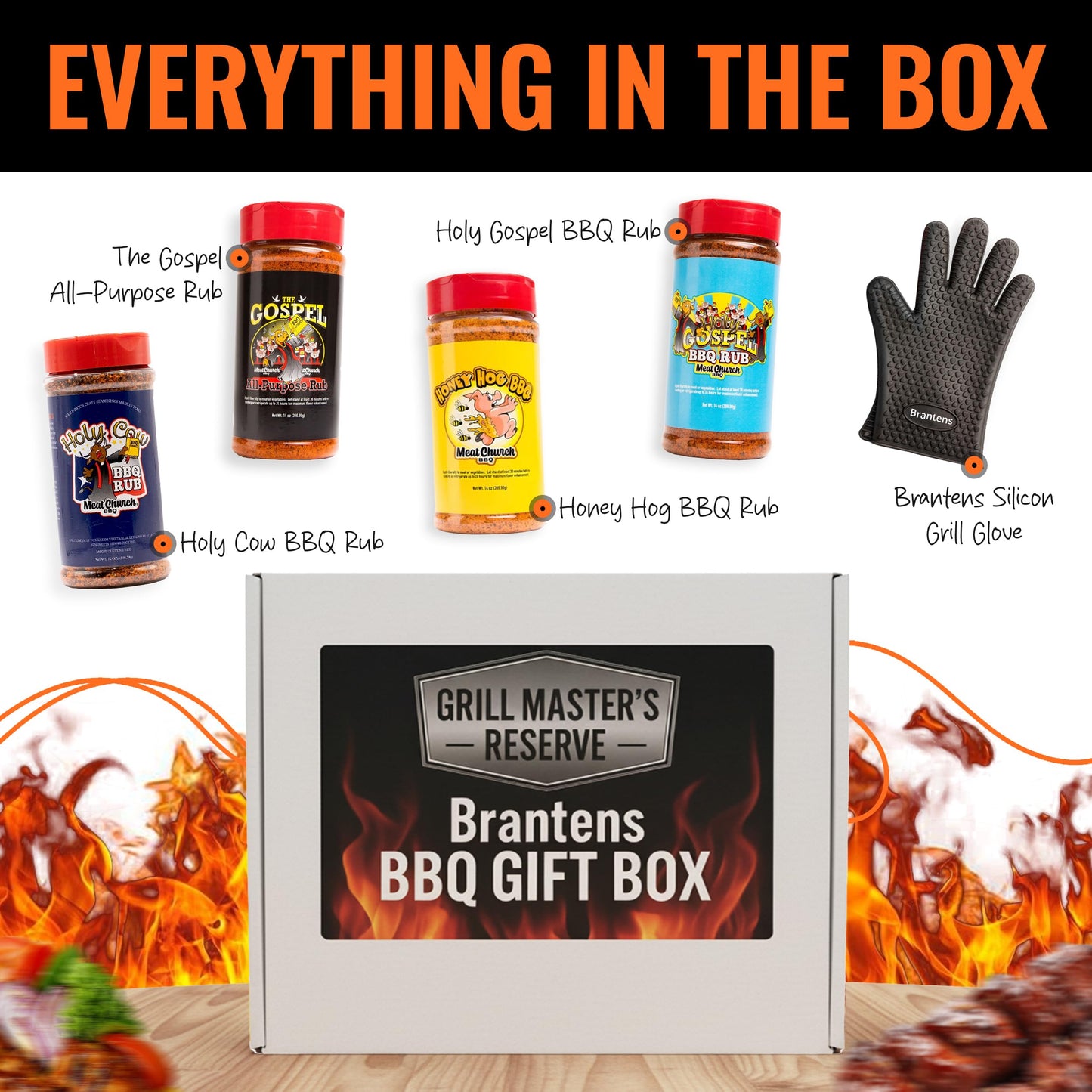 Branten's BBQ Rub Gift Box Combo: Four Bottles of Seasoning for Meat and Vegetables, Gluten Free, Total of 49.5 Ounces, with BBQ Silicone Mitt Included