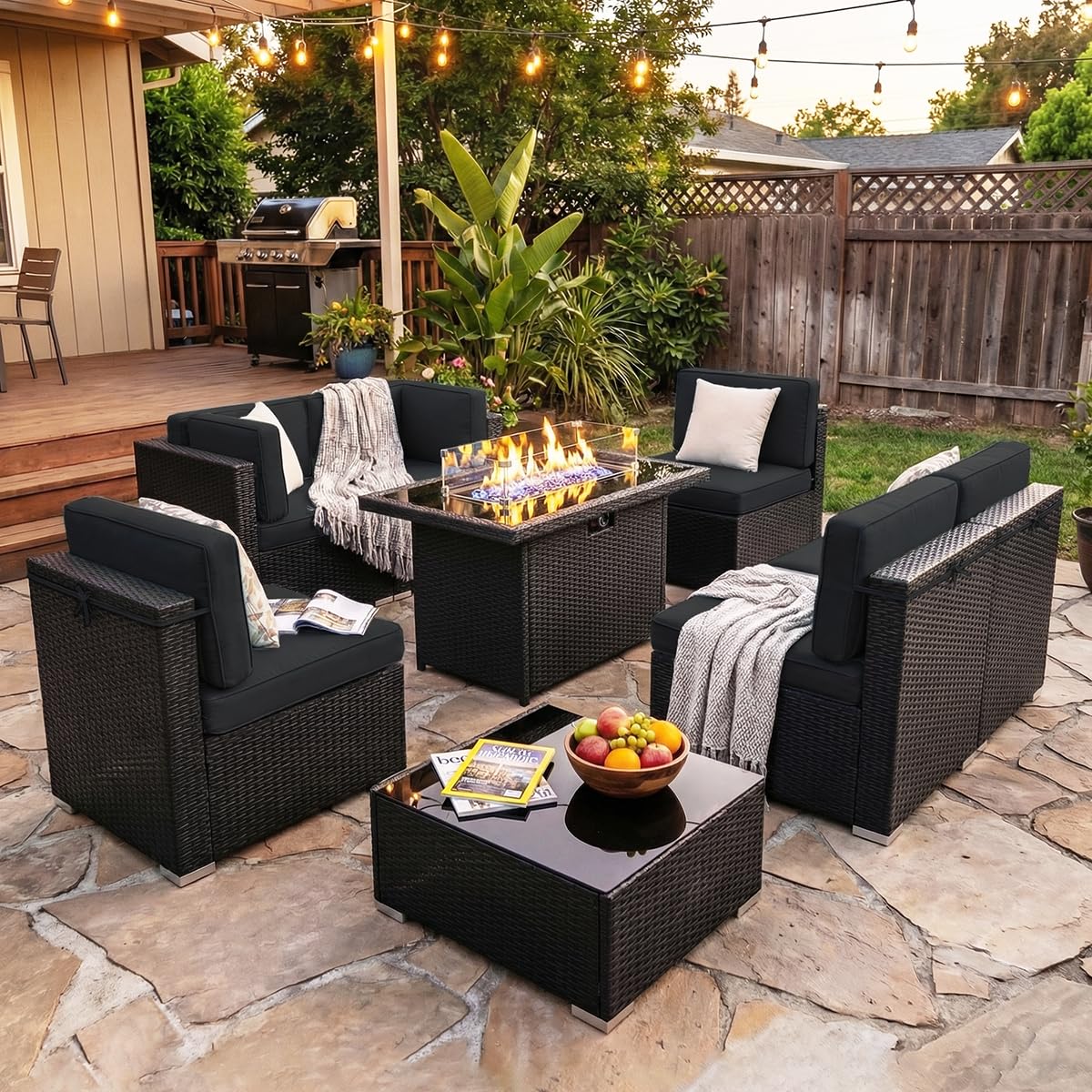 Vakollia 8 Pieces Patio Furniture Set with 44" Propane Gas Fire Pit Table, Outdoor Sectional Wicker Conversation Sofa Sets with Coffee Table