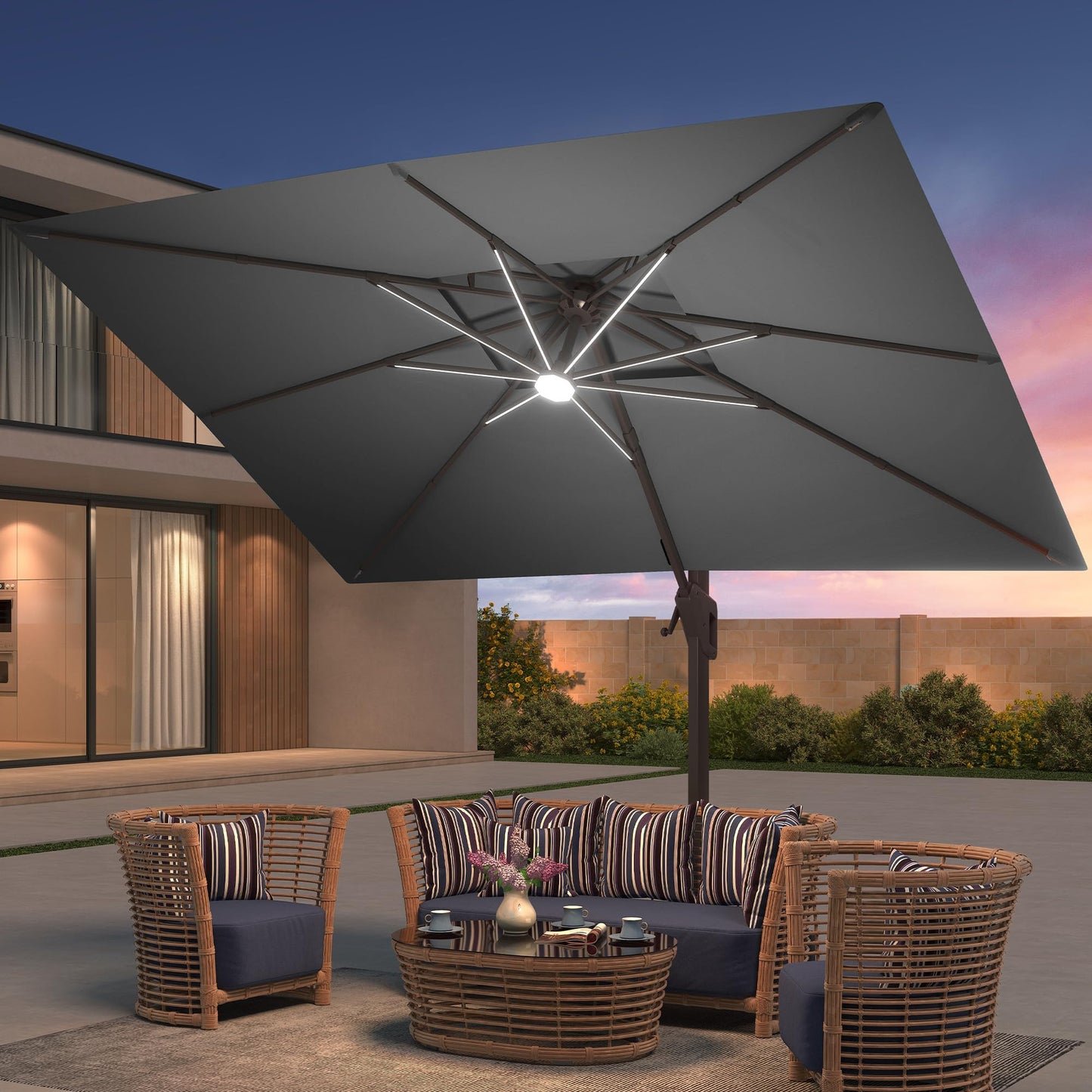veelviee 9x12 FT Patio Cantilever Outdoor Offset Umbrella with LED Lights