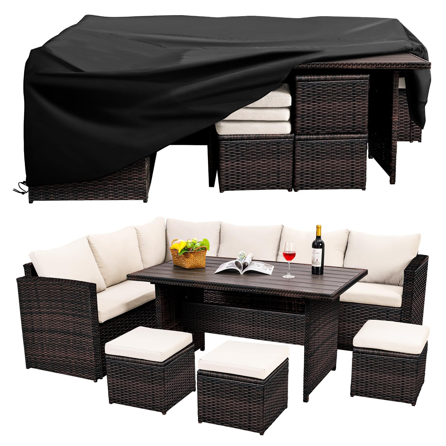 Wumiokio Patio Furniture Set, 7 Pieces Outdoor Patio Furniture with Dining Table&Chair, All Weather Wicker Conversation Set with Ottoman,Brown Rattan & Ivory Cushions (Include Sofa Dust Cover)
