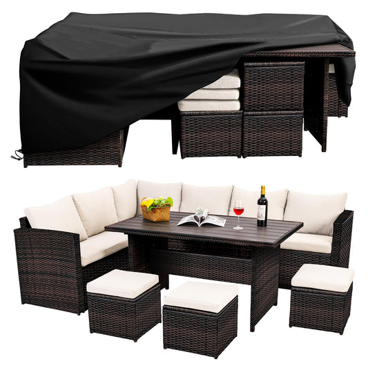 Wumiokio Patio Furniture Set, 7 Pieces Outdoor Patio Furniture with Dining Table&Chair, All Weather Wicker Conversation Set with Ottoman,Brown Rattan & Ivory Cushions (Include Sofa Dust Cover)