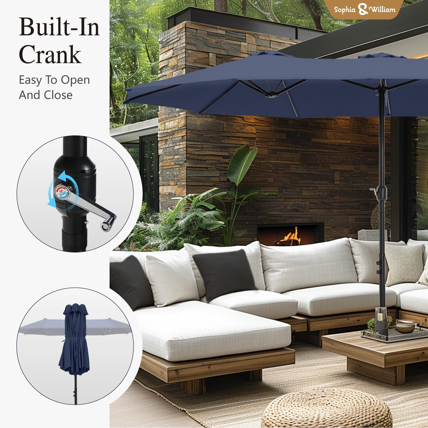 Sophia & William 7pc Patio Dining Set with Navy Umbrella, 6 Rattan Chairs