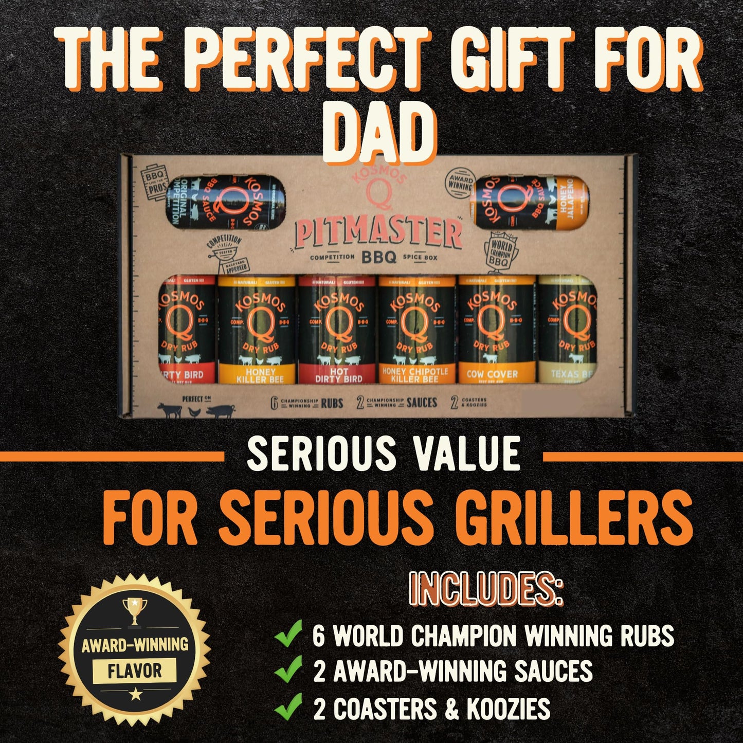 Kosmos Q BBQ Pitmaster Gift Set for Men, Gift for Him, 8 Flavor BBQ Sauce & Dry Rub Sampler Pack for Chicken, Steak, Turkey, Pork, Brisket & More, Grilling & Smoking Gift Basket