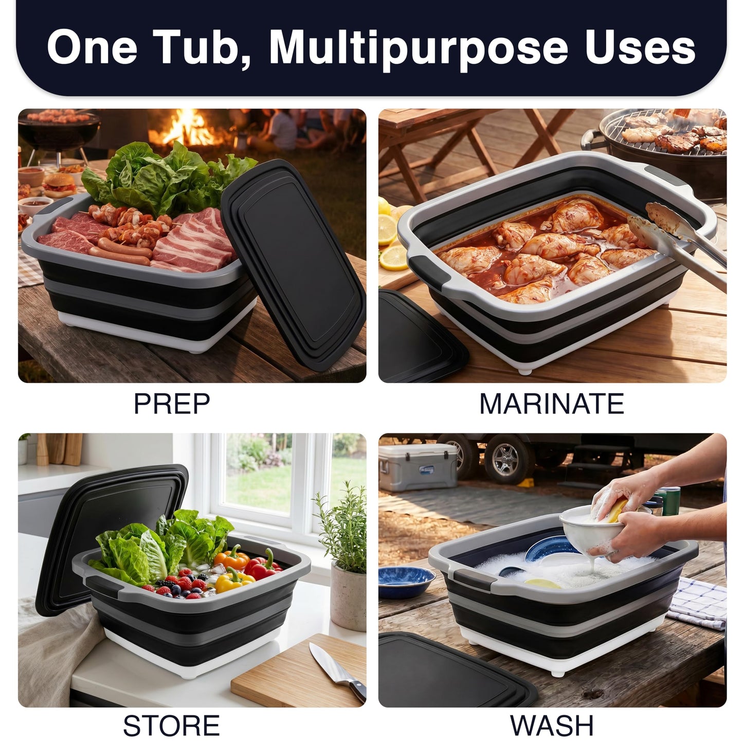 BBQ Prep Tub 16L, Collapsible Cutting Board with Meat Rest Blanket and Chicken Claws, Perfect Meat Prep Tub for Marinating, Shredding, and Grilling, All in One BBQ Accessories for Outing & Picnic