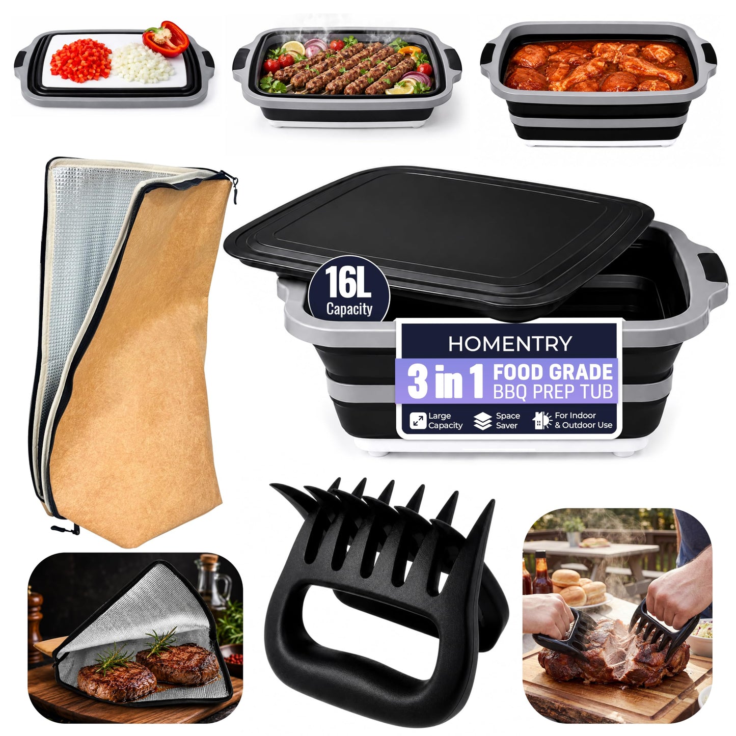 BBQ Prep Tub 16L, Collapsible Cutting Board with Meat Rest Blanket and Chicken Claws, Perfect Meat Prep Tub for Marinating, Shredding, and Grilling, All in One BBQ Accessories for Outing & Picnic