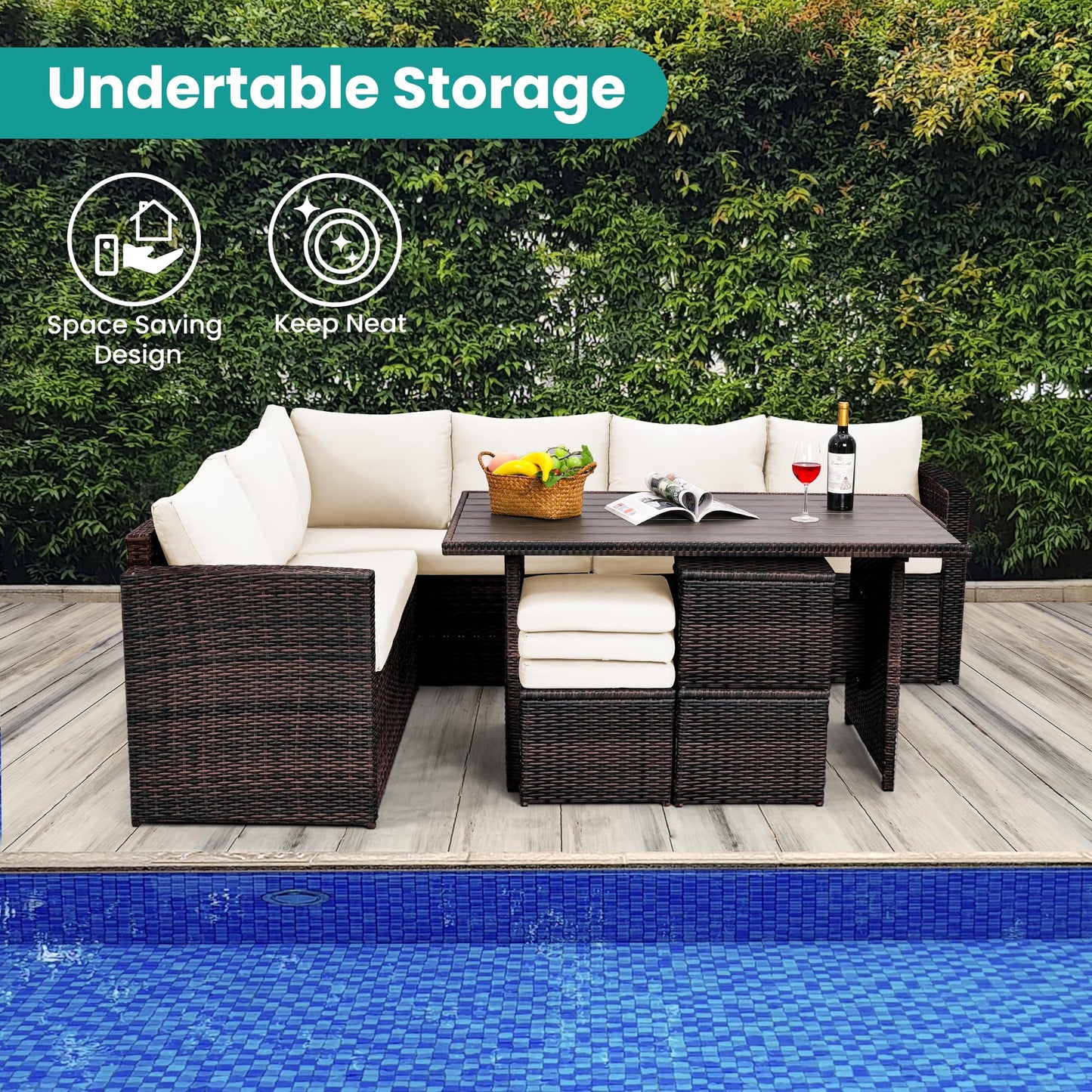Wumiokio Patio Furniture Set, 7 Pieces Outdoor Patio Furniture with Dining Table&Chair, All Weather Wicker Conversation Set with Ottoman,Brown Rattan & Ivory Cushions (Include Sofa Dust Cover)