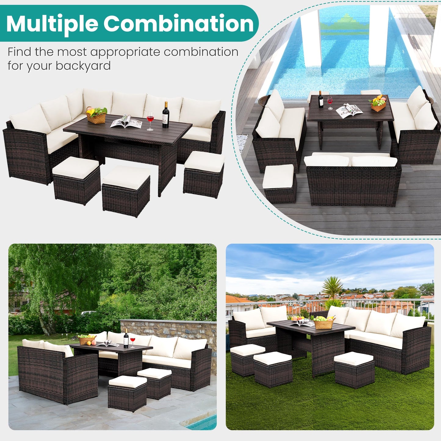 Wumiokio Patio Furniture Set, 7 Pieces Outdoor Patio Furniture with Dining Table&Chair, All Weather Wicker Conversation Set with Ottoman,Brown Rattan & Ivory Cushions (Include Sofa Dust Cover)