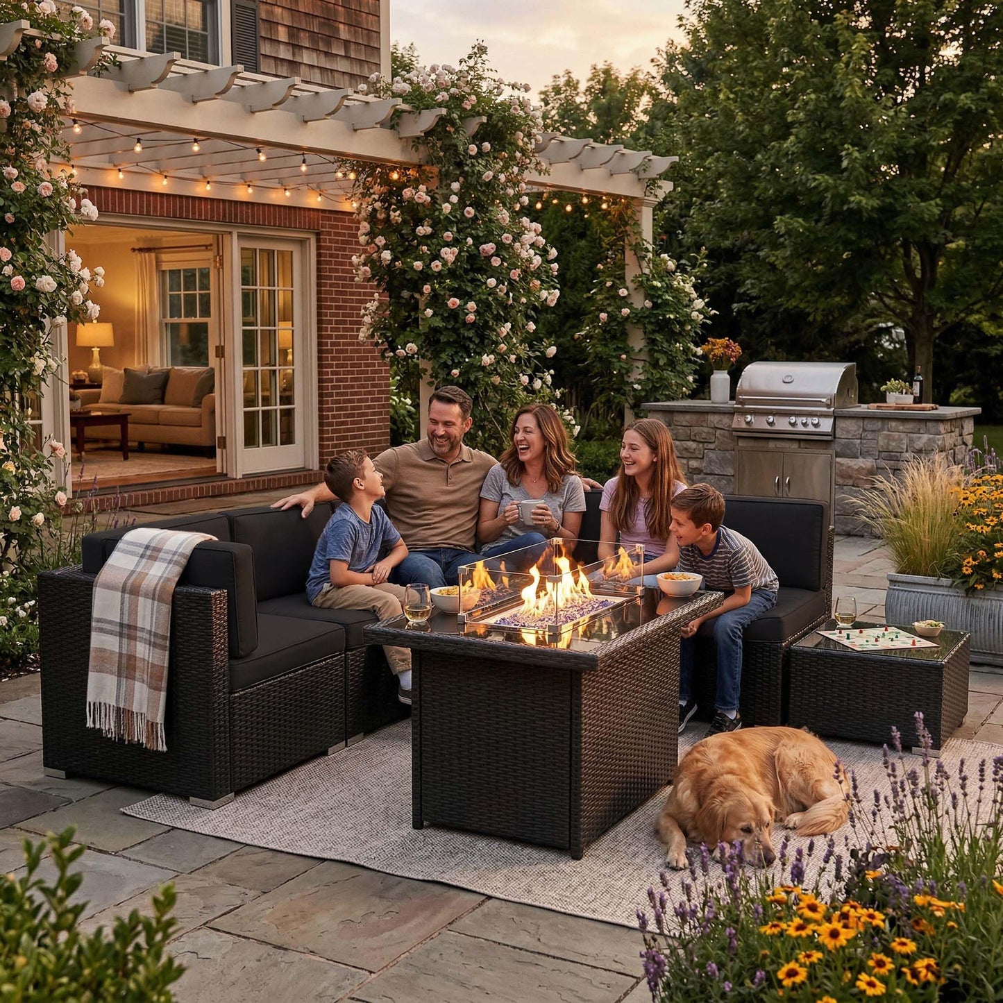 Vakollia 8 Pieces Patio Furniture Set with 44" Propane Gas Fire Pit Table, Outdoor Sectional Wicker Conversation Sofa Sets with Coffee Table