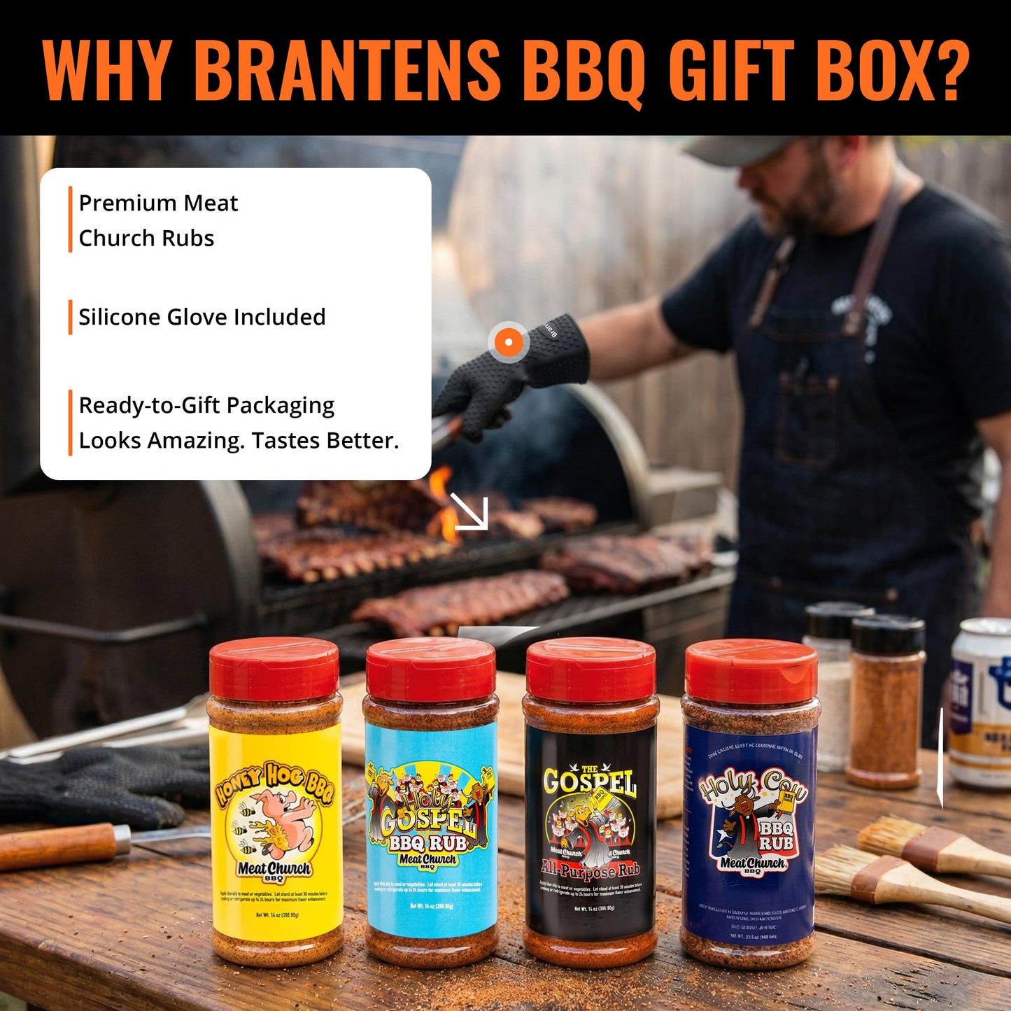 Branten's BBQ Rub Gift Box Combo: Four Bottles of Seasoning for Meat and Vegetables, Gluten Free, Total of 49.5 Ounces, with BBQ Silicone Mitt Included